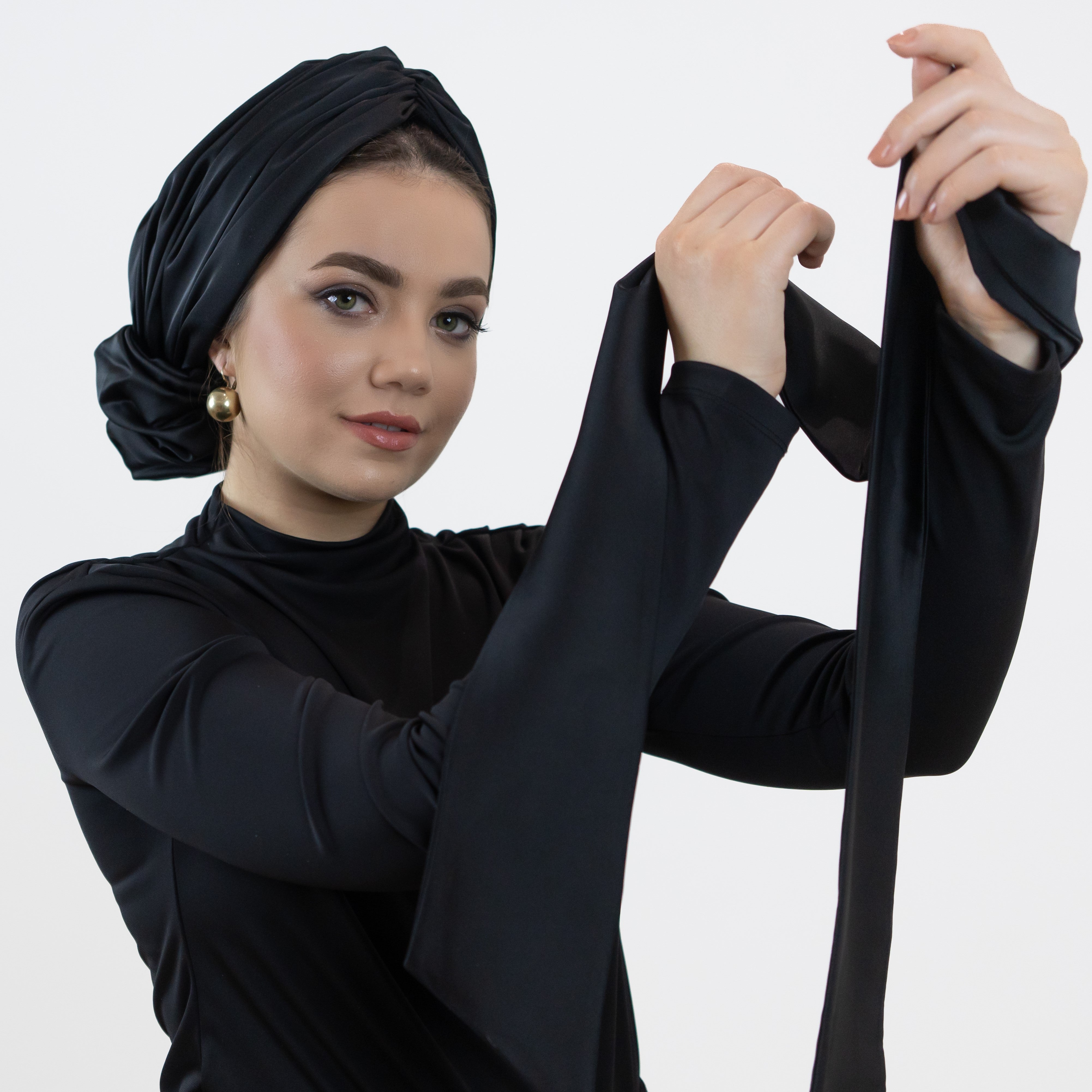 Abu Dhabi Ready-Made Bonnet - Lycra Satin Fabric - Black - BitterColors