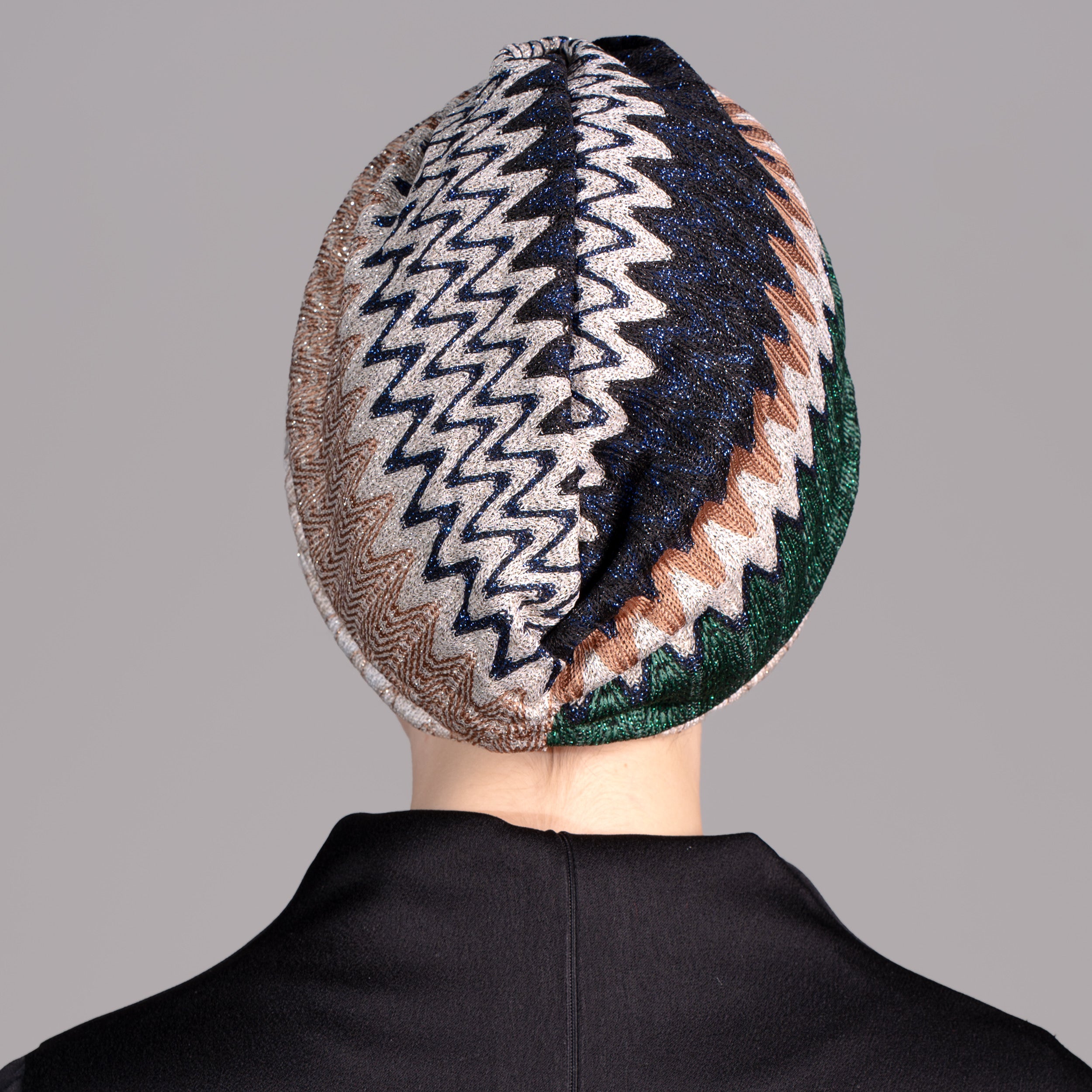 Bitter Emerald - Emerald Green Zigzag Patterned Bonnet - Flexible Knit Fabric - Multicolored - BitterColors