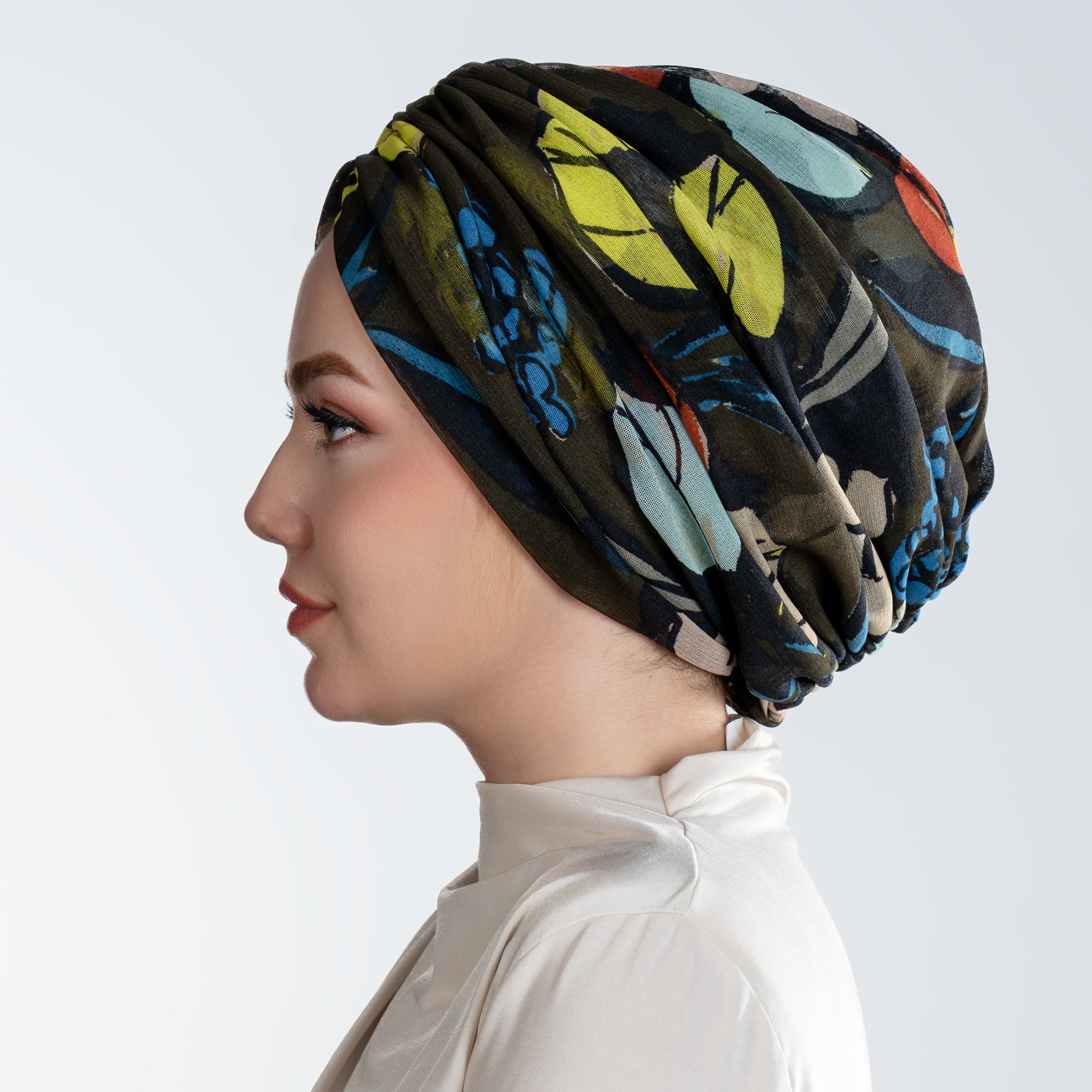 Milano Büzgülü Bone - Çiçek Desenli Tül Kumaş