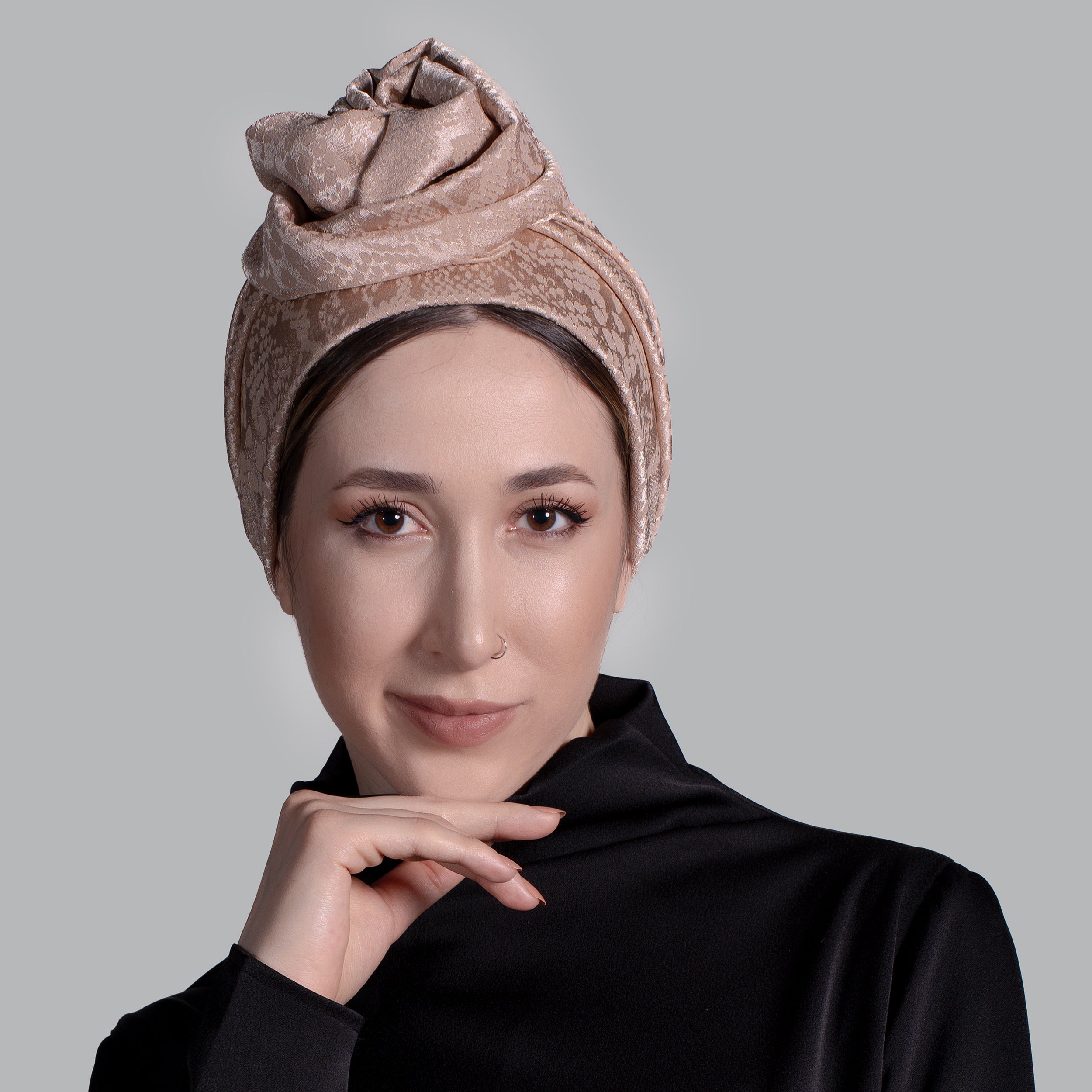 Esra Tokelli Snake Skin Patterned Easy-to-Shape Wire Bonnet - Satin Fabric - Black Color - BitterColors