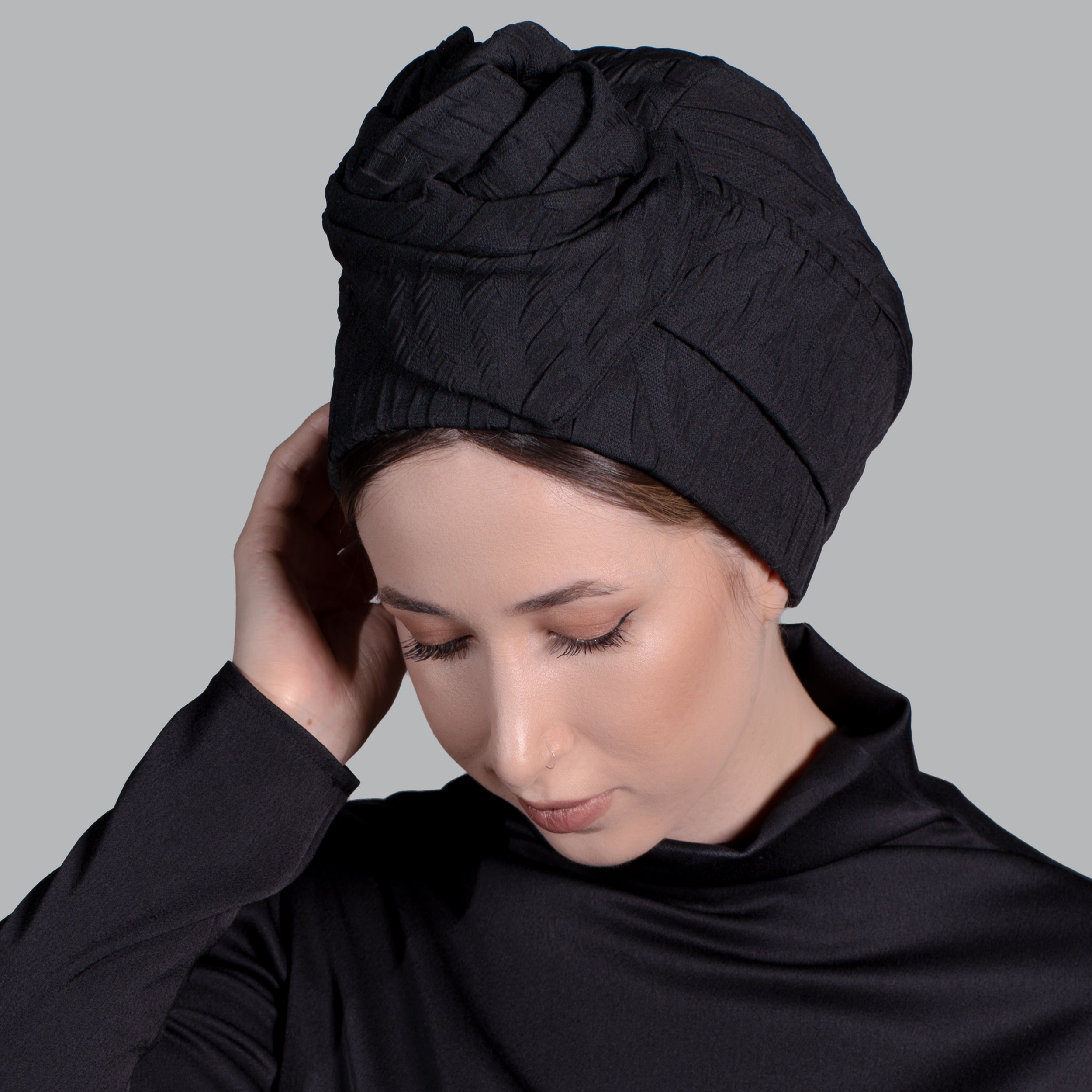 Esra Tokelli Easy-to-Shape Wire Bonnet - Embossed Bonnet - Embossed Fabric - Black Color - BitterColors