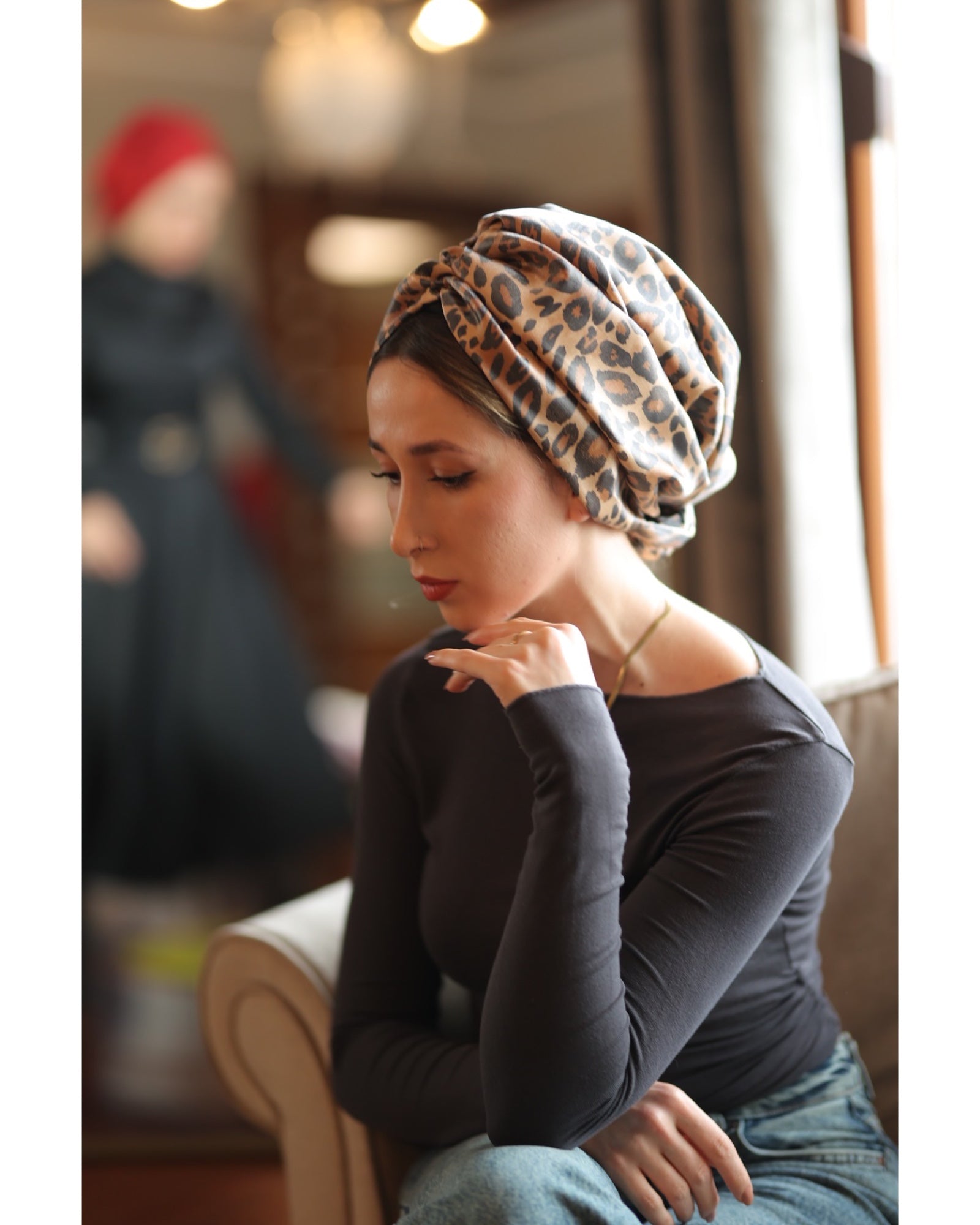 Esra Tokelli Leopar Desenli Penye Astarlı Büzgülü Bone - Kullanıma Hazır Bone - Çok Renkli - BitterColors