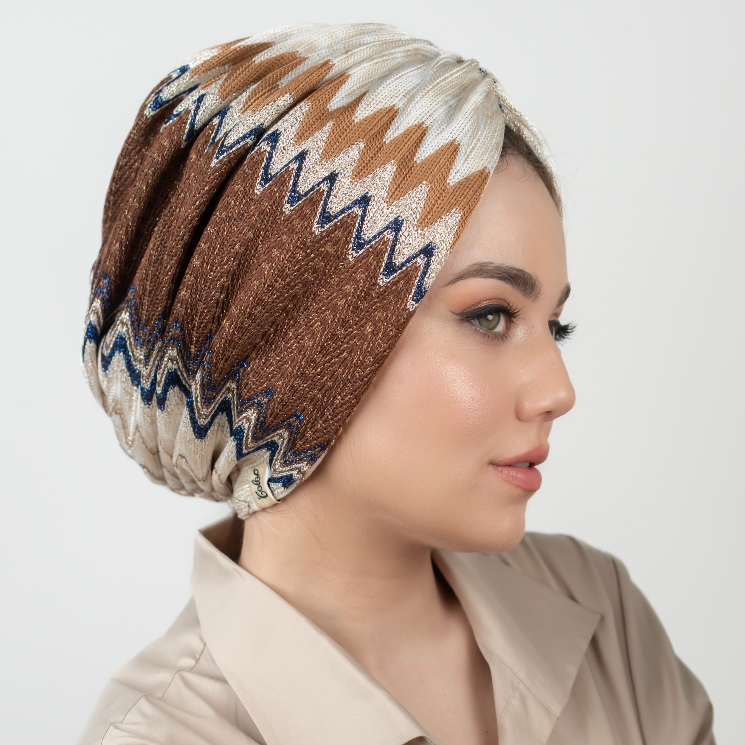 ZigZag Patterned Gathered Bonnet - Flexible Knitted Glitter Fabric - Multicolored - Bitter Navy Brown - BitterColors