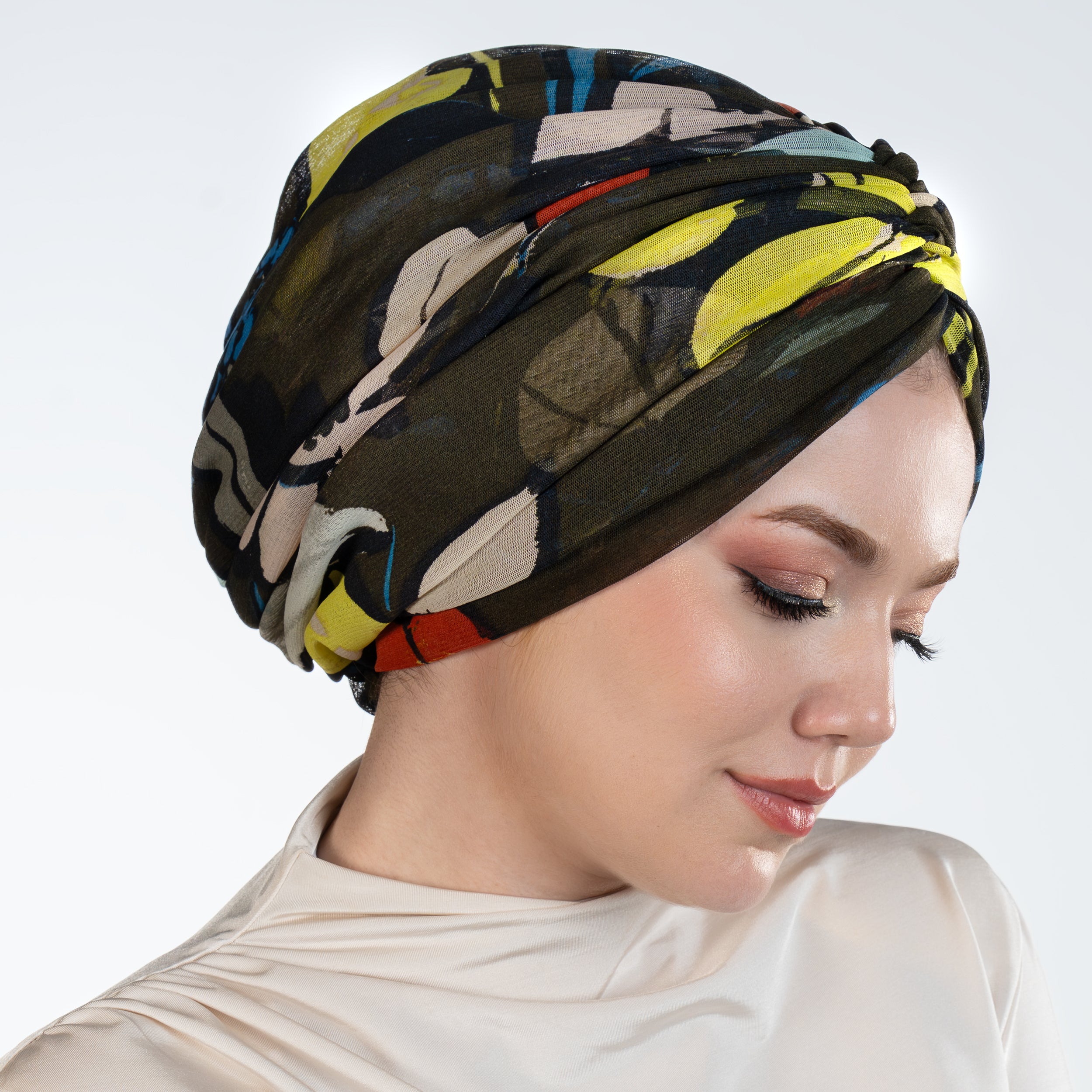 Milano Büzgülü Bone - Çiçek Desenli Tül Kumaş