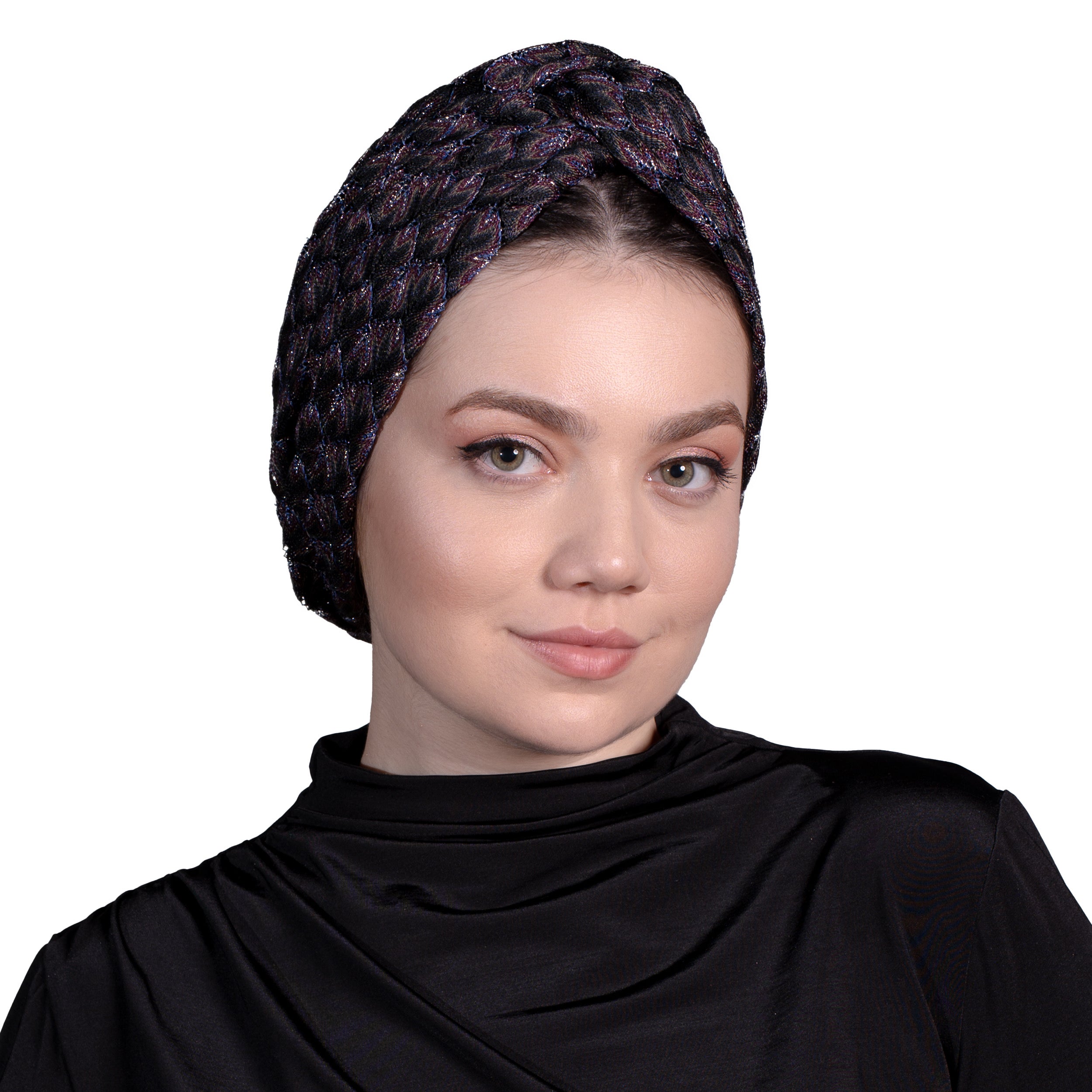 Barcelona Burgulu Bone - Lacivert Mor Zikzak Desenli Örme Kumaş