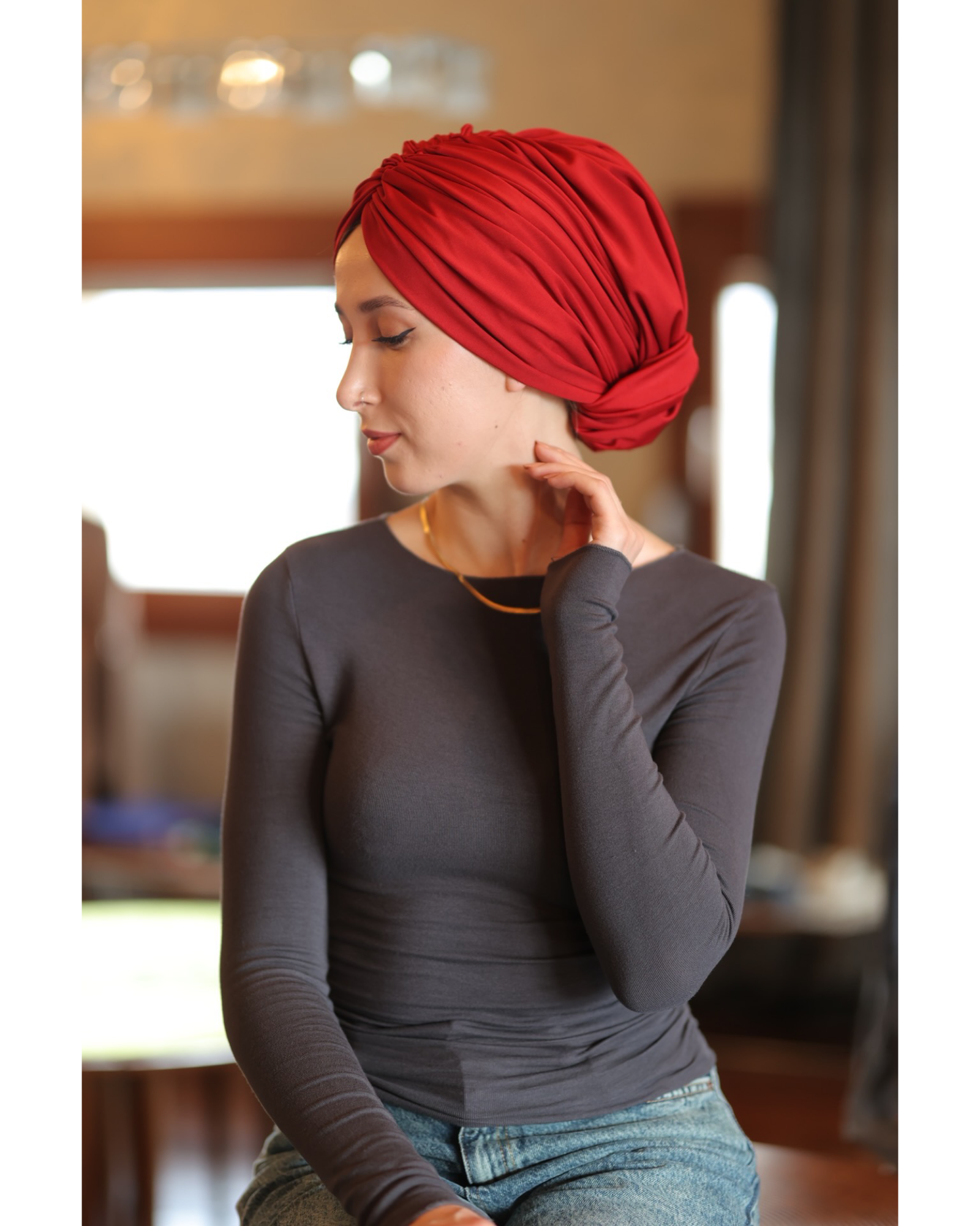 Esra Tokelli Cotton Lined Gathered Bonnet - Jersey Fabric - Red Color - BitterColors