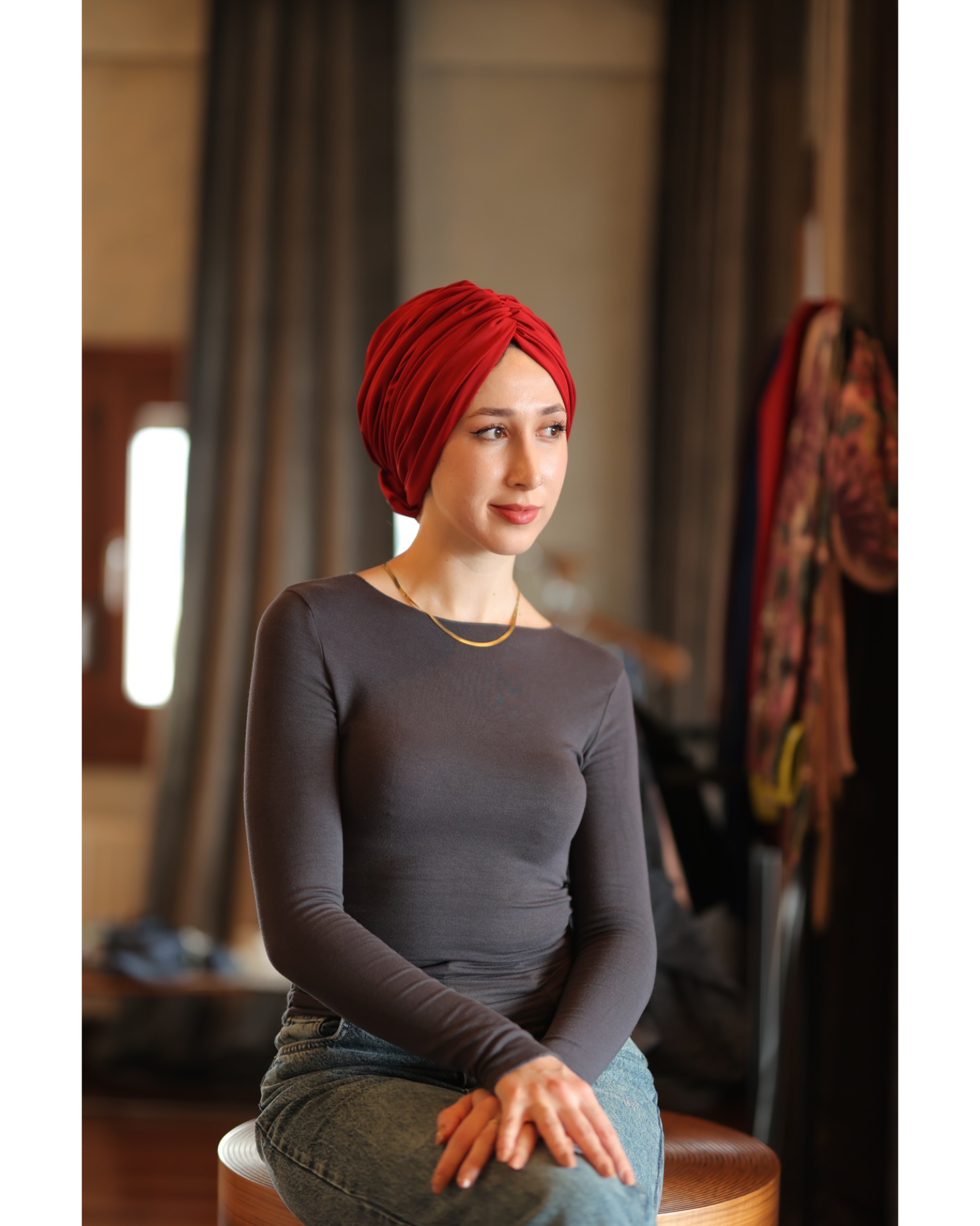 Esra Tokelli Cotton Lined Gathered Bonnet - Jersey Fabric - Red Color - BitterColors