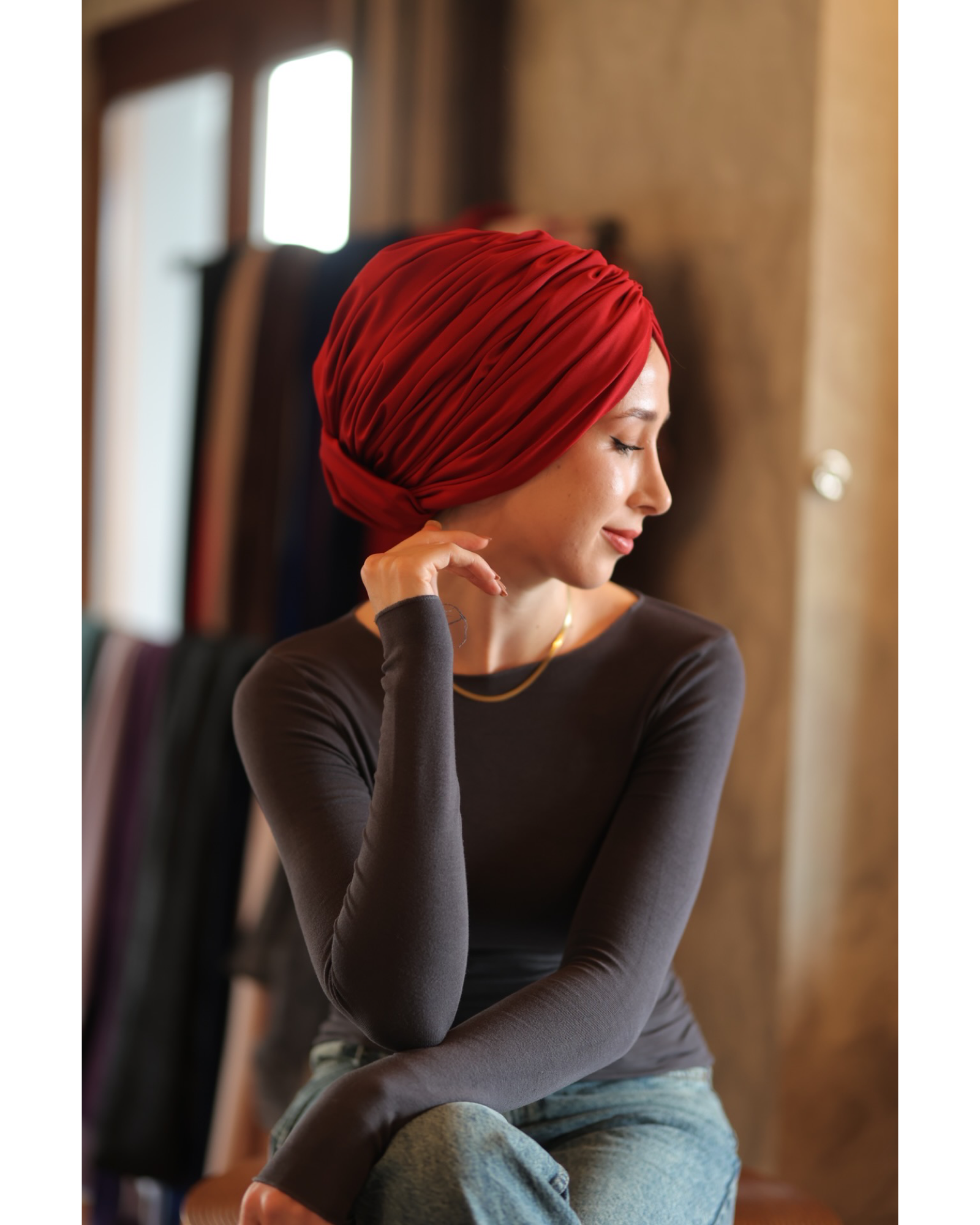 Esra Tokelli Cotton Lined Gathered Bonnet - Jersey Fabric - Red Color - BitterColors