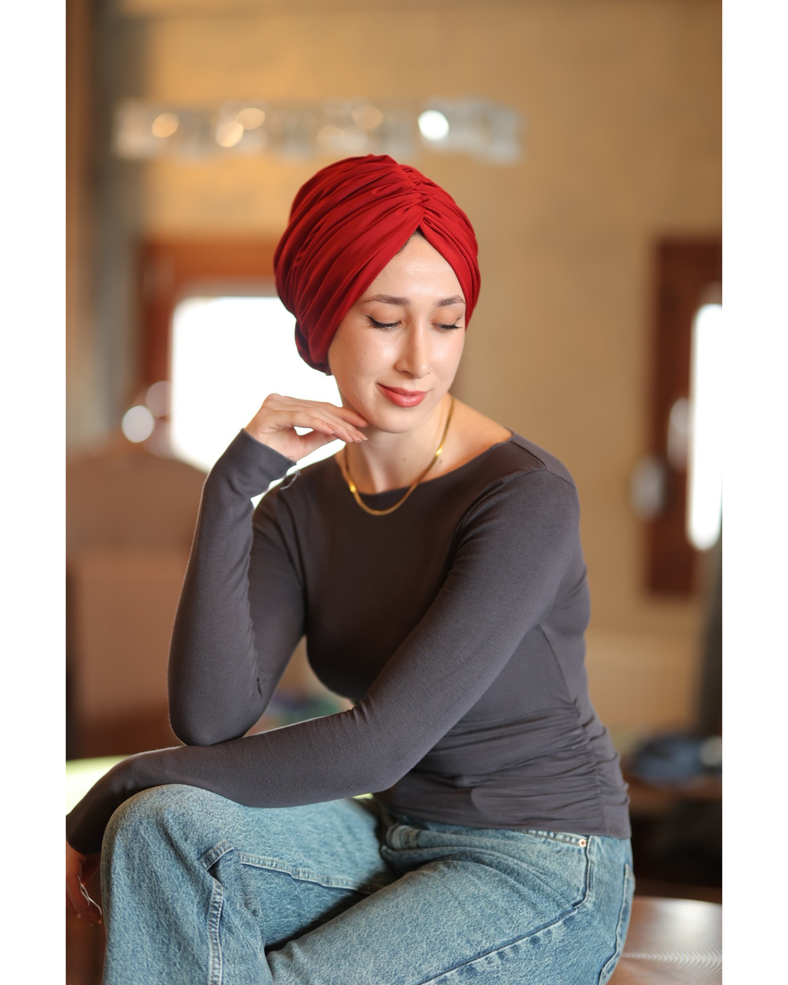 Esra Tokelli Cotton Lined Gathered Bonnet - Jersey Fabric - Red Color - BitterColors