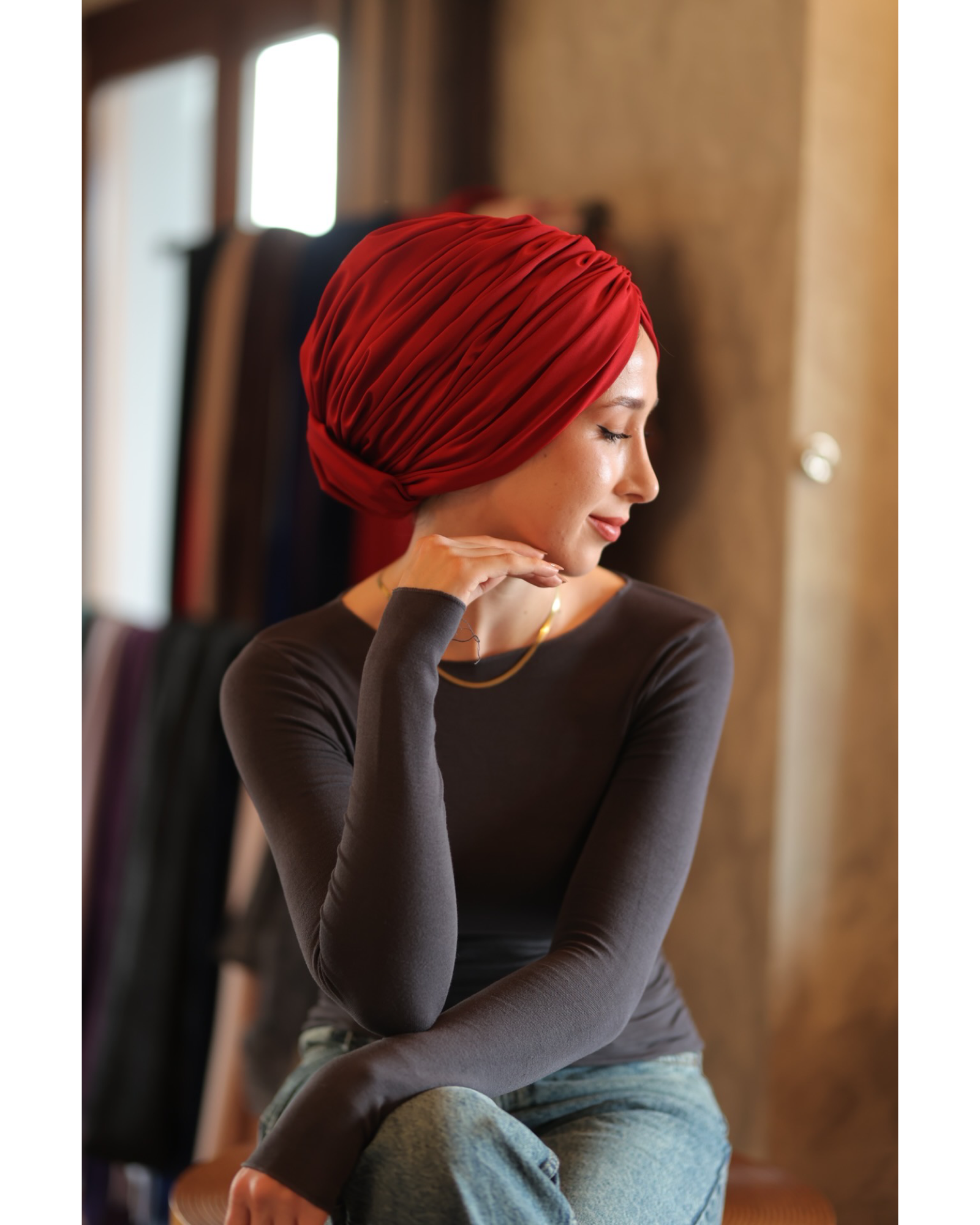 Esra Tokelli Cotton Lined Gathered Bonnet - Jersey Fabric - Red Color - BitterColors