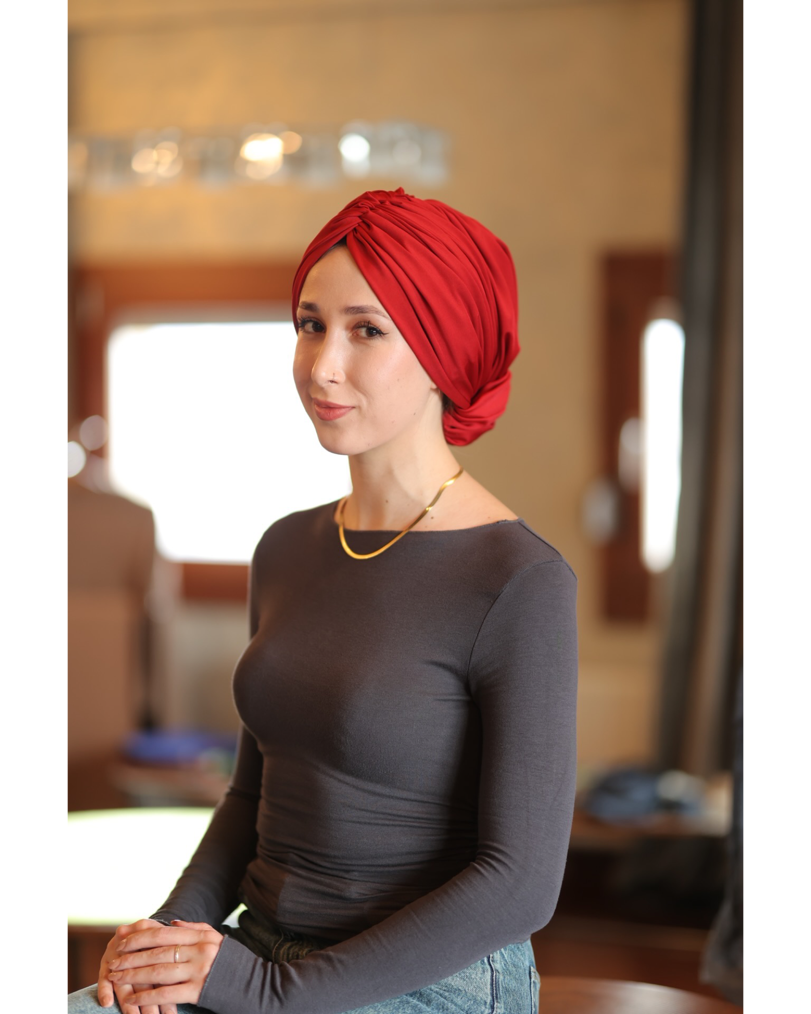 Esra Tokelli Cotton Lined Gathered Bonnet - Jersey Fabric - Red Color - BitterColors