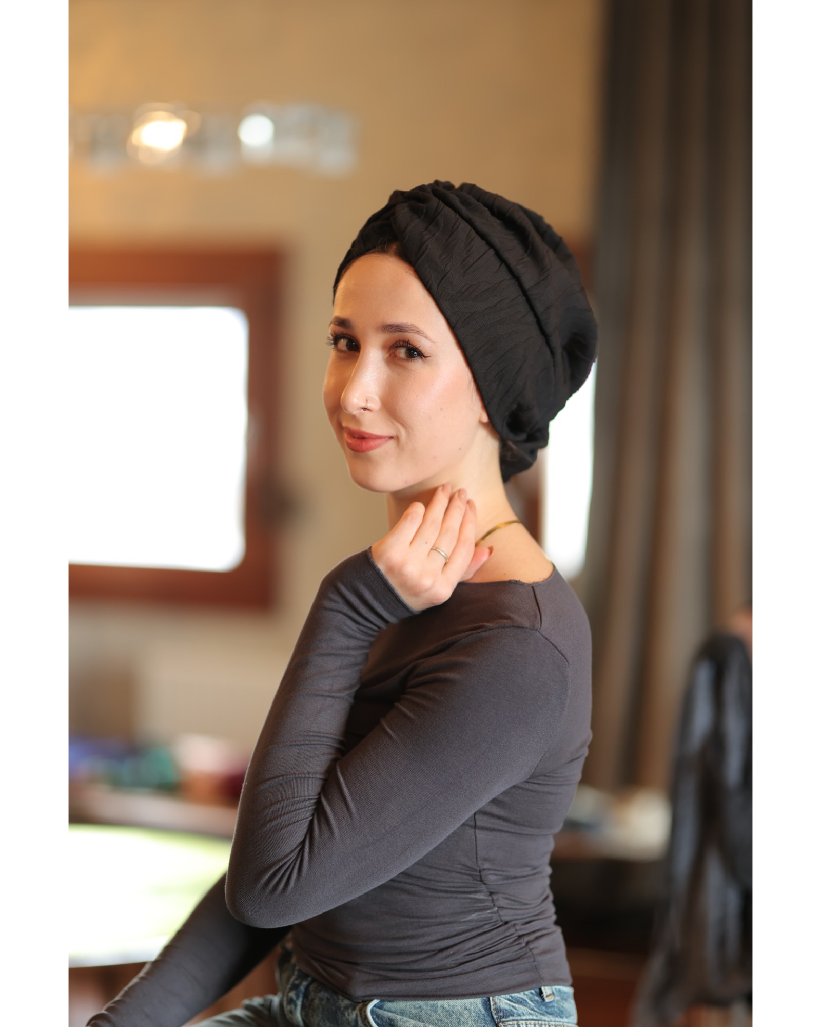 Esra Tokelli Gathered Bonnet - Embossed Fabric - Black Color - BitterColors