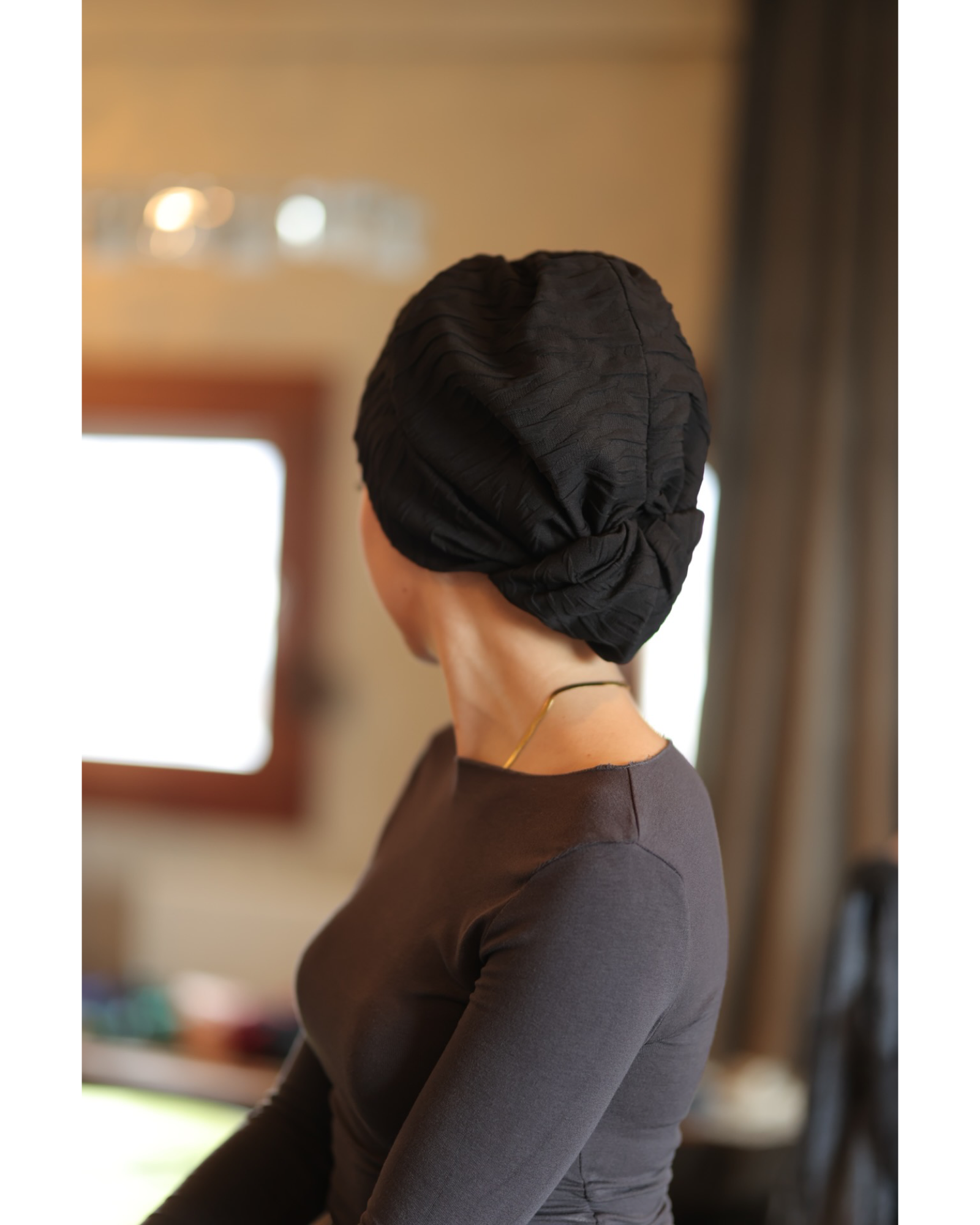 Esra Tokelli Gathered Bonnet - Embossed Fabric - Black Color - BitterColors