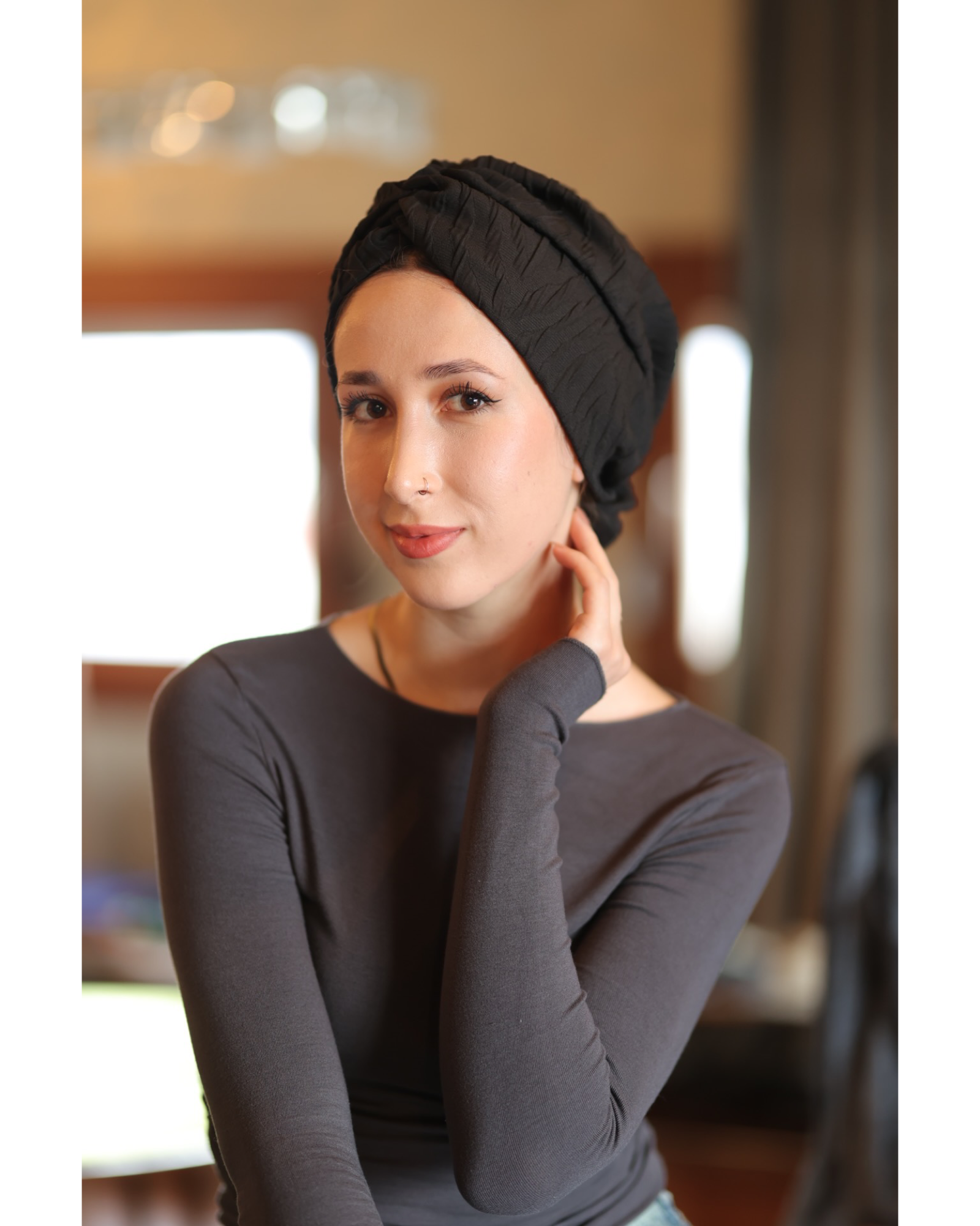 Esra Tokelli Gathered Bonnet - Embossed Fabric - Black Color - BitterColors