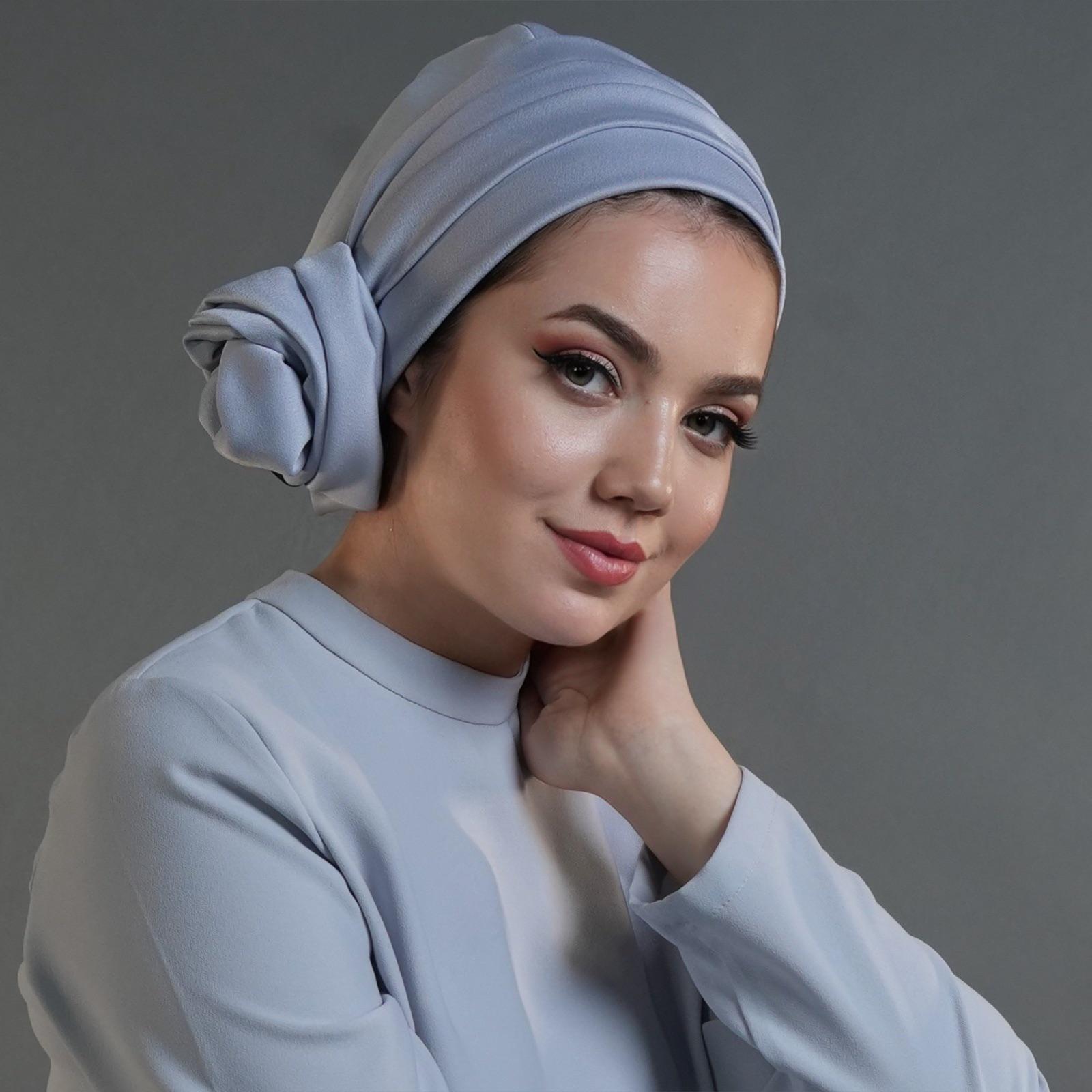 Dubai Bağlamalı Bone - Gri - Krep Saten Kumaş