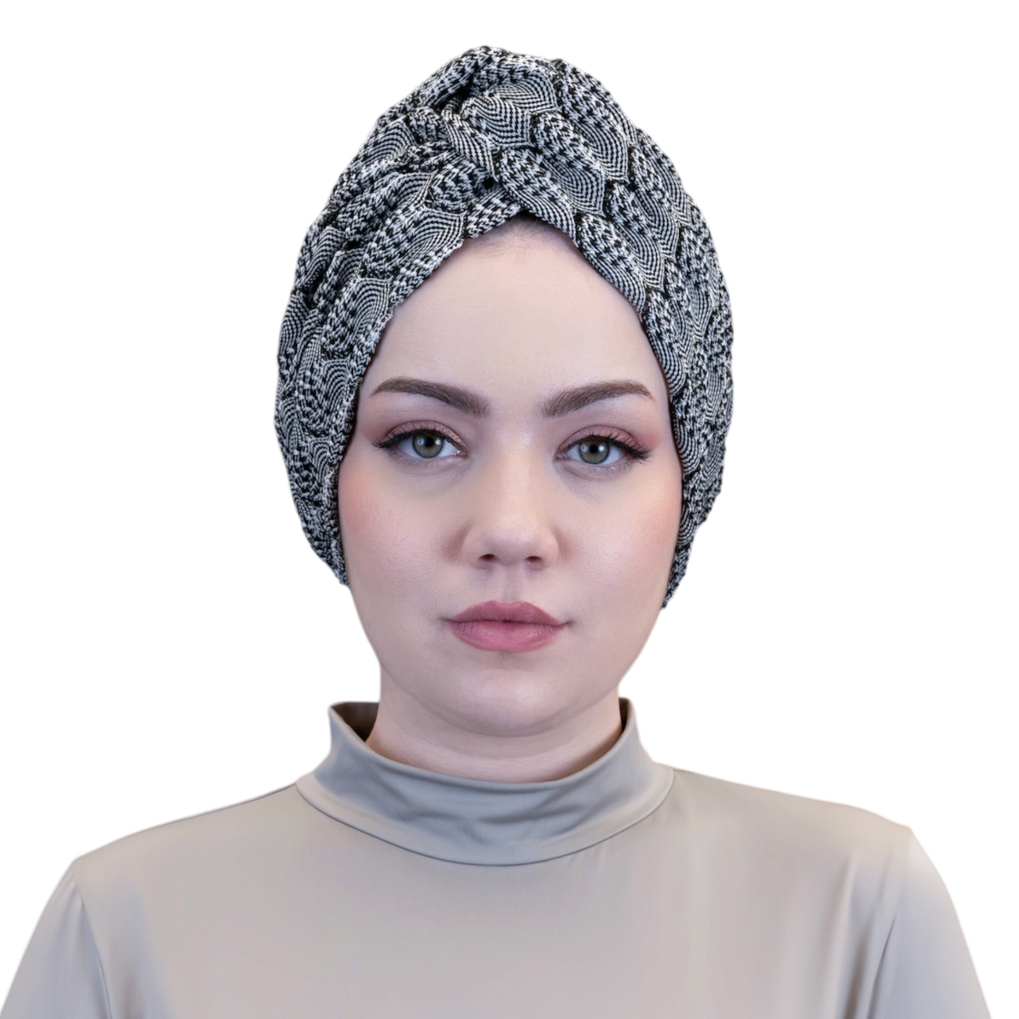 X Burgulu Büzgülü Bone - Siyah Beyaz - Hafif Örme Kumaş