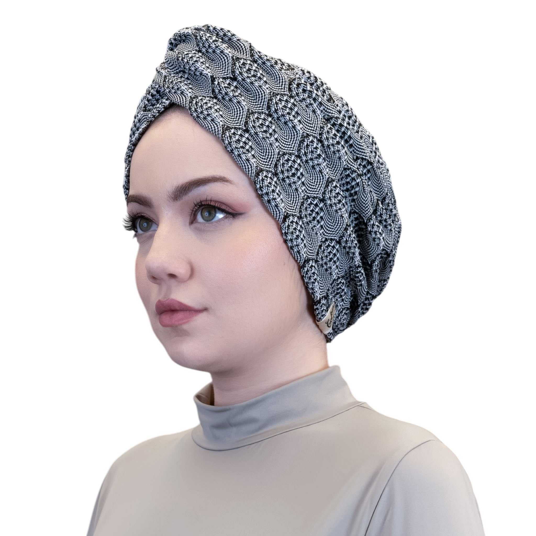 X Burgulu Büzgülü Bone - Siyah Beyaz - Hafif Örme Kumaş