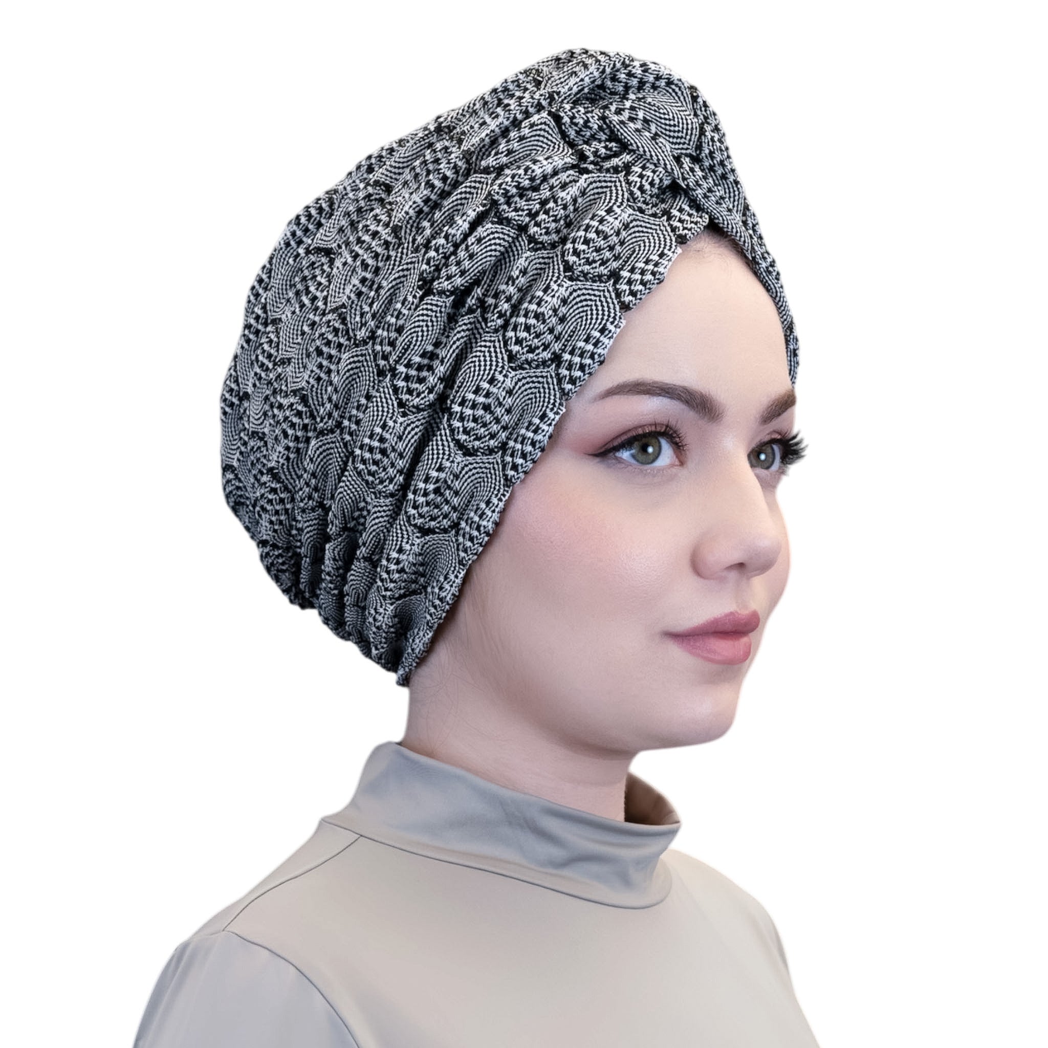 X Burgulu Büzgülü Bone - Siyah Beyaz - Hafif Örme Kumaş