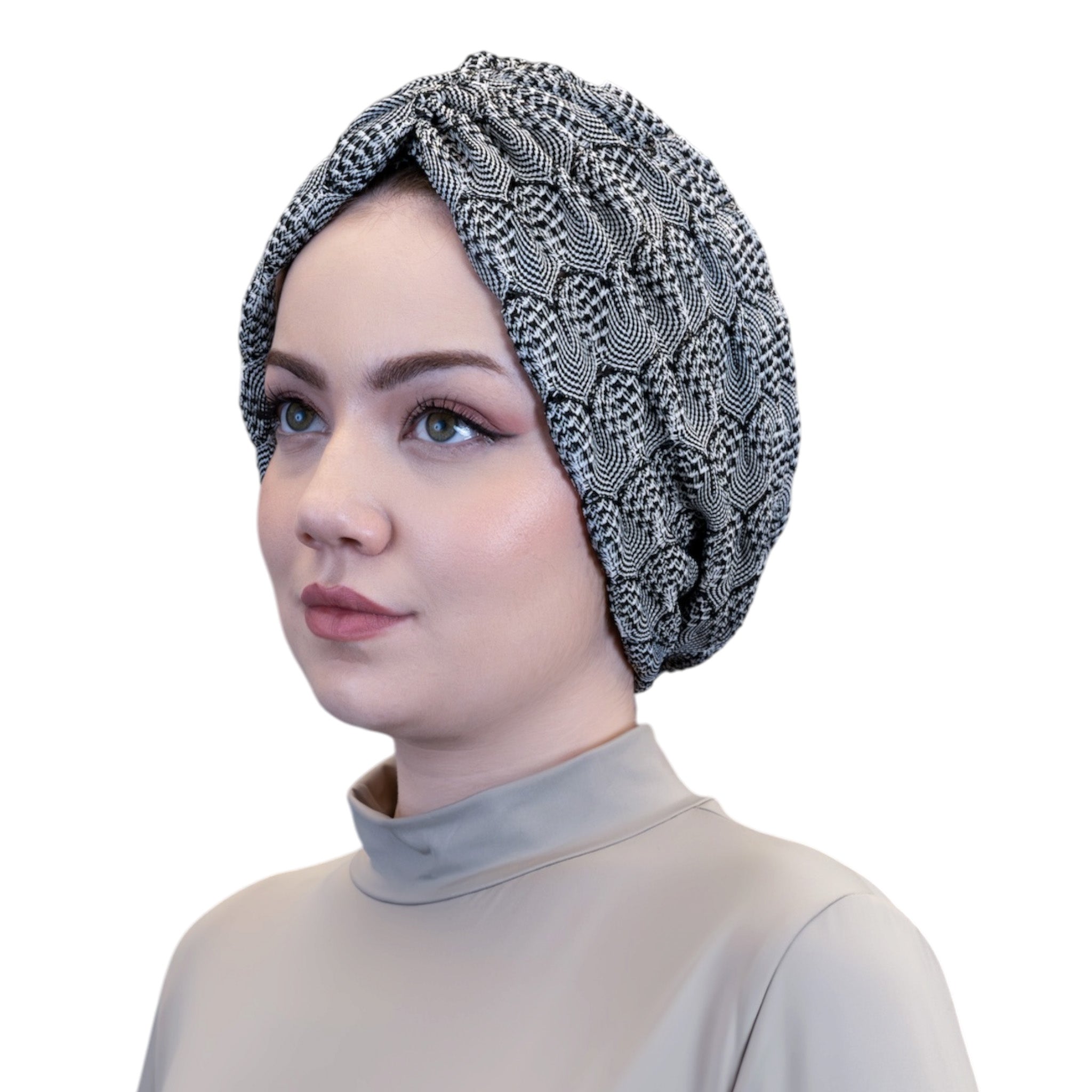 X Burgulu Büzgülü Bone - Siyah Beyaz - Hafif Örme Kumaş