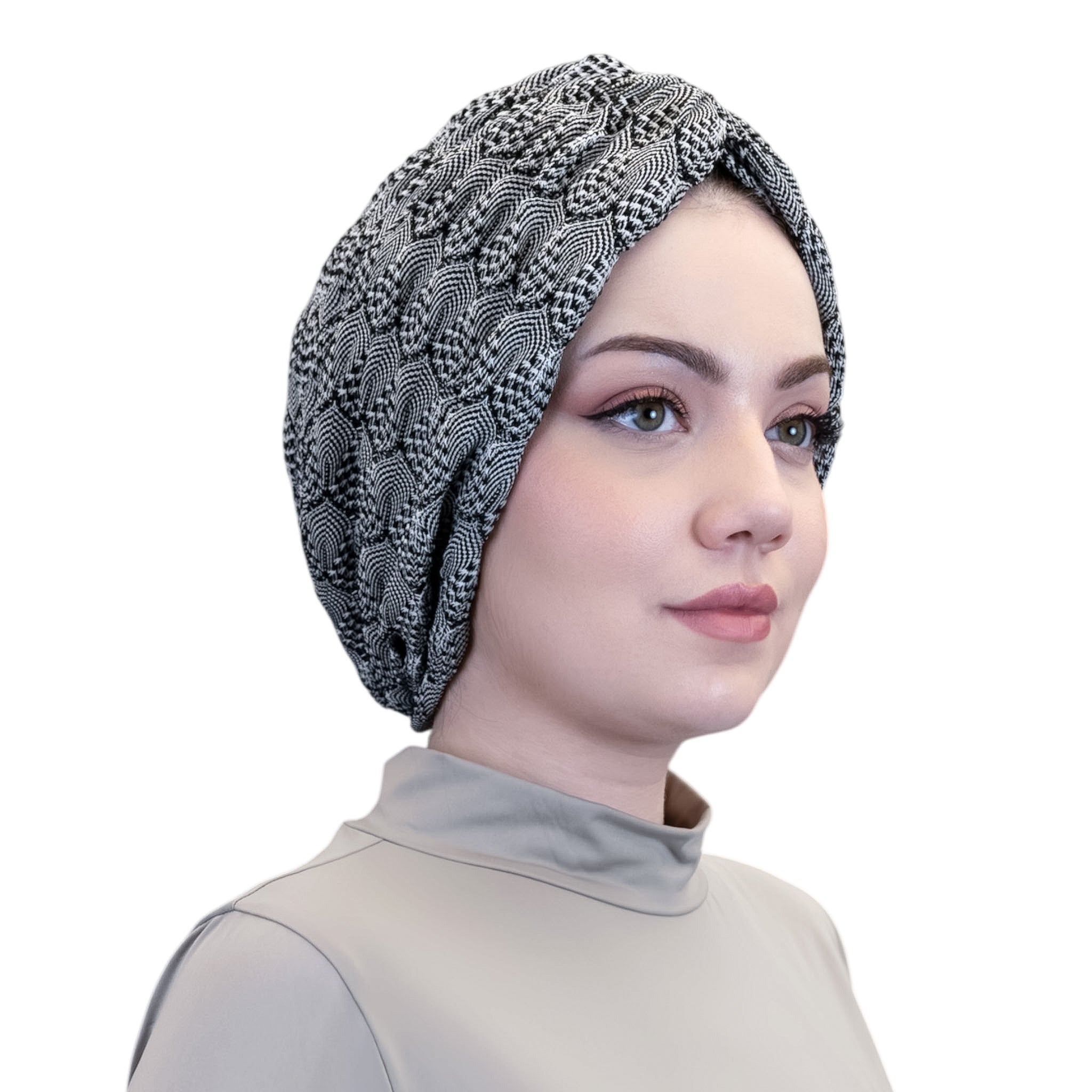X Burgulu Büzgülü Bone - Siyah Beyaz - Hafif Örme Kumaş