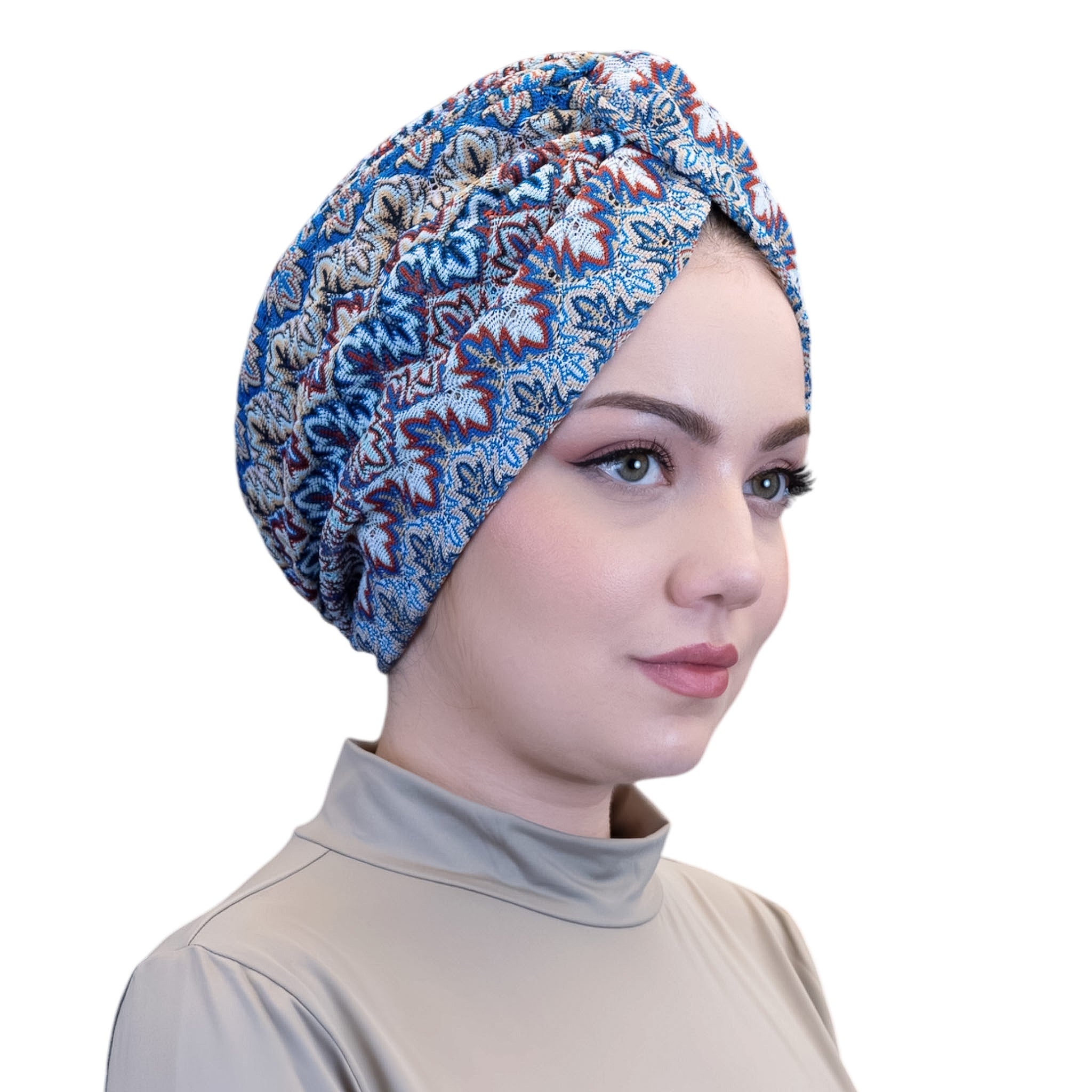 X Burgulu Büzgülü Bone - Çok Renkli - Zikzak Desenli Hafif Örme Kumaş
