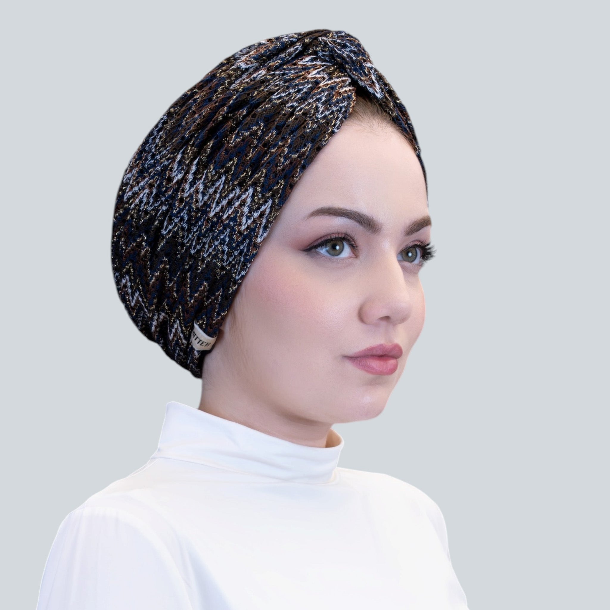 Barcelona Twisted Turban – Brown Zigzag Pattern Knit Fabric