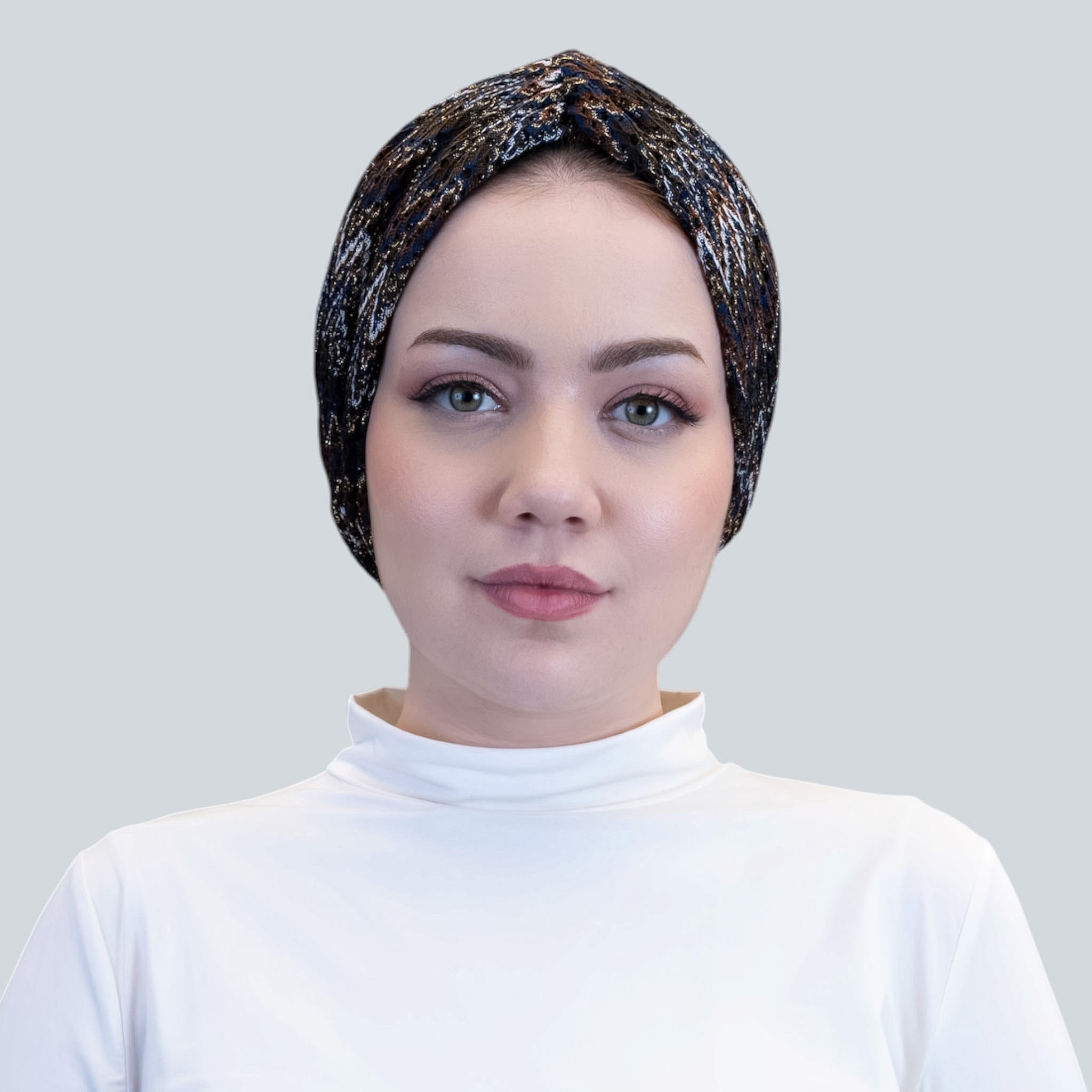 Barcelona Twisted Turban – Brown Zigzag Pattern Knit Fabric