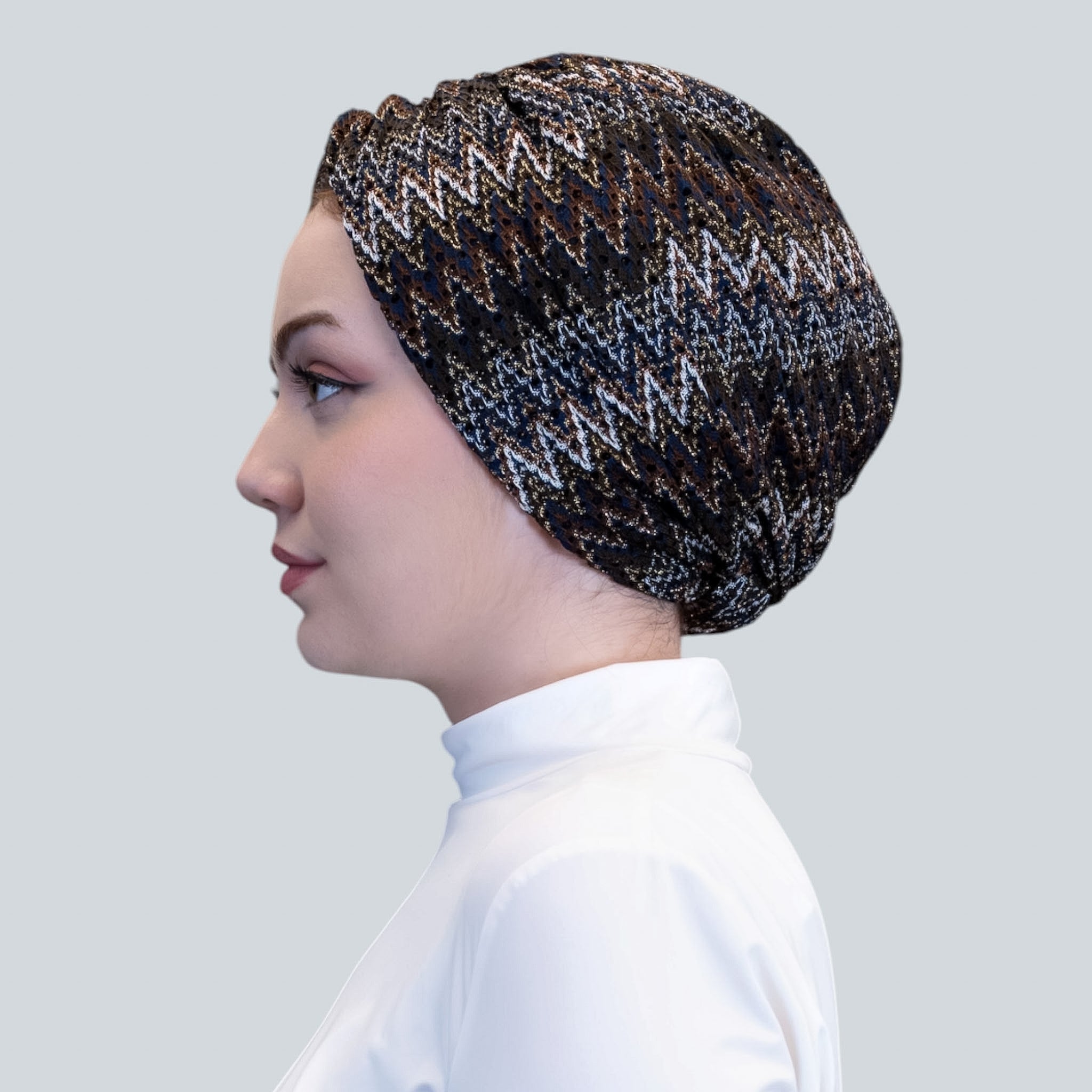 Barcelona Twisted Turban – Brown Zigzag Pattern Knit Fabric