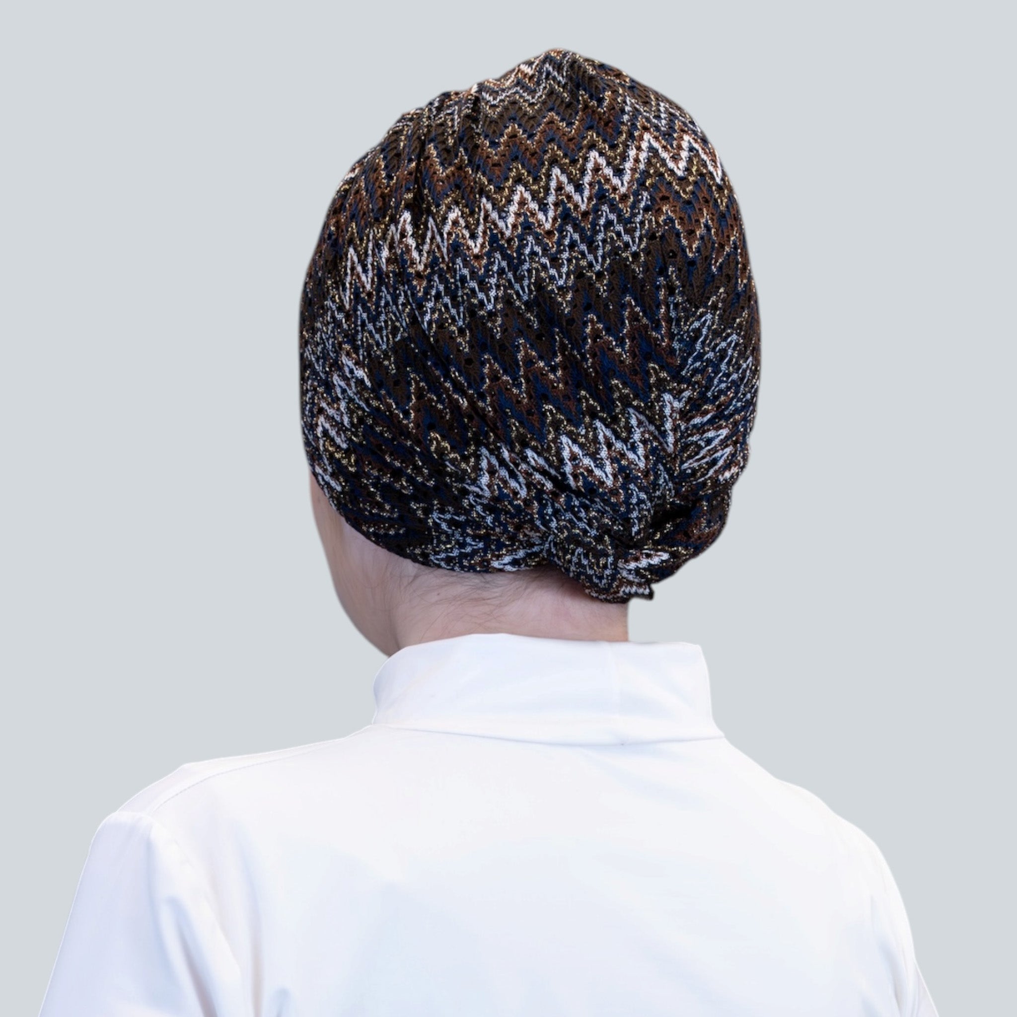 Barcelona Twisted Turban – Brown Zigzag Pattern Knit Fabric