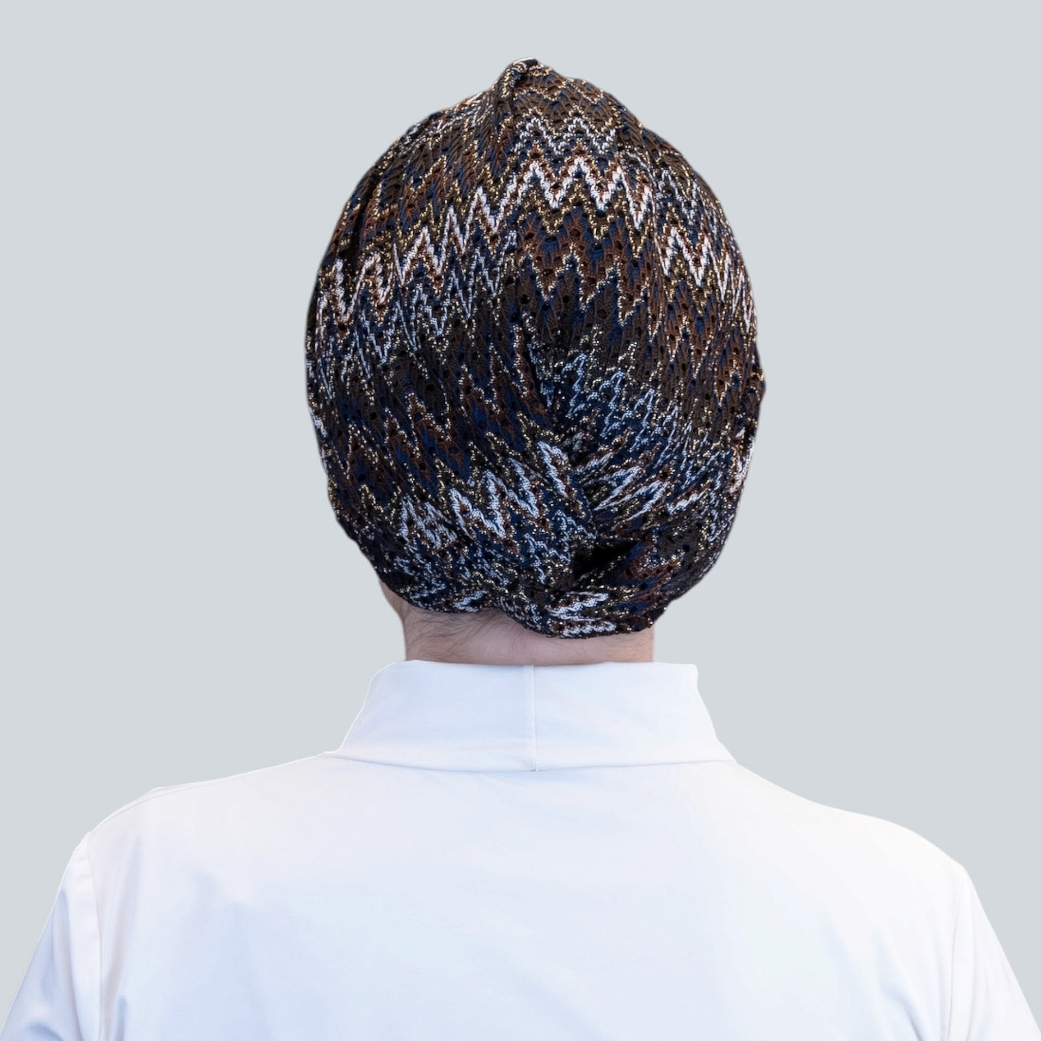Barcelona Twisted Turban – Brown Zigzag Pattern Knit Fabric