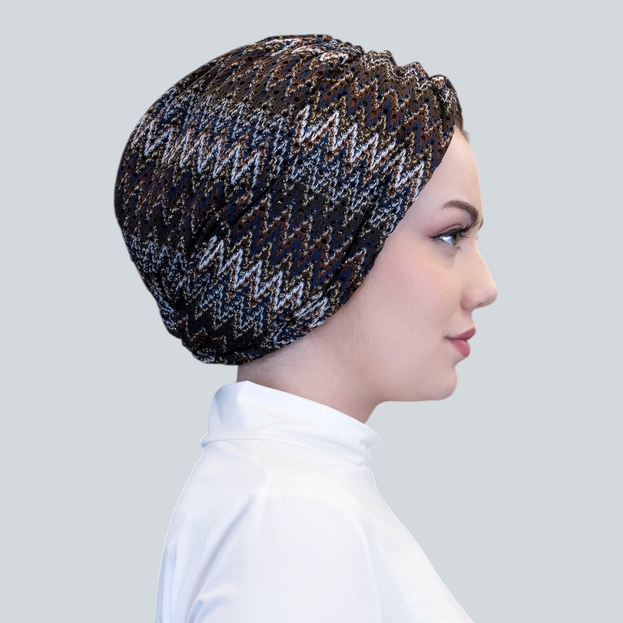 Barcelona Twisted Turban – Brown Zigzag Pattern Knit Fabric