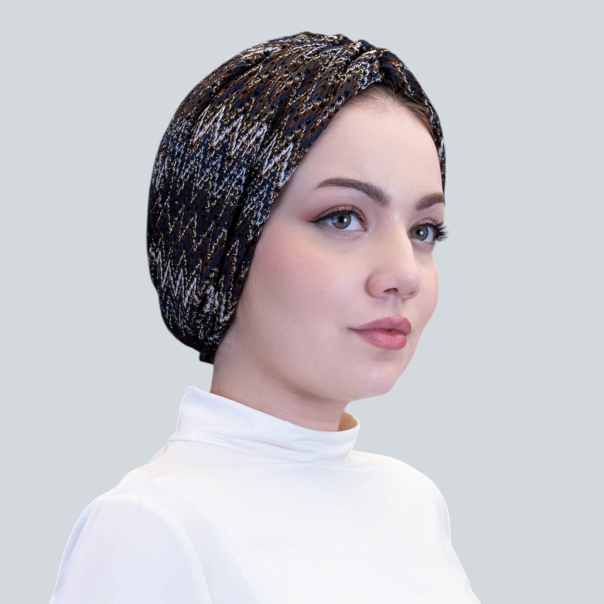 Barcelona Twisted Turban – Brown Zigzag Pattern Knit Fabric