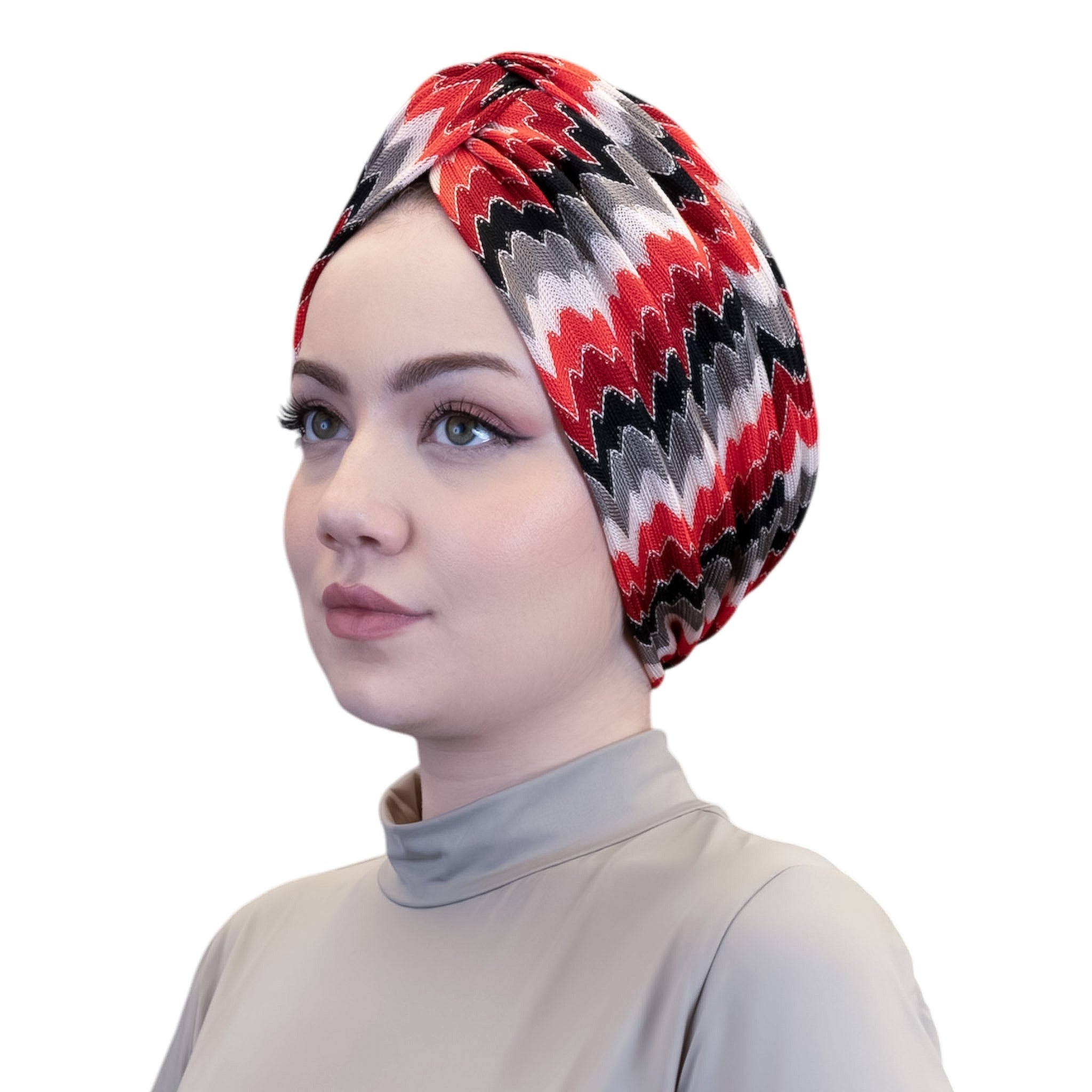 X Burgulu Büzgülü Bone - Kırmızı - Zikzak Desenli Örme Hafif Kumaş