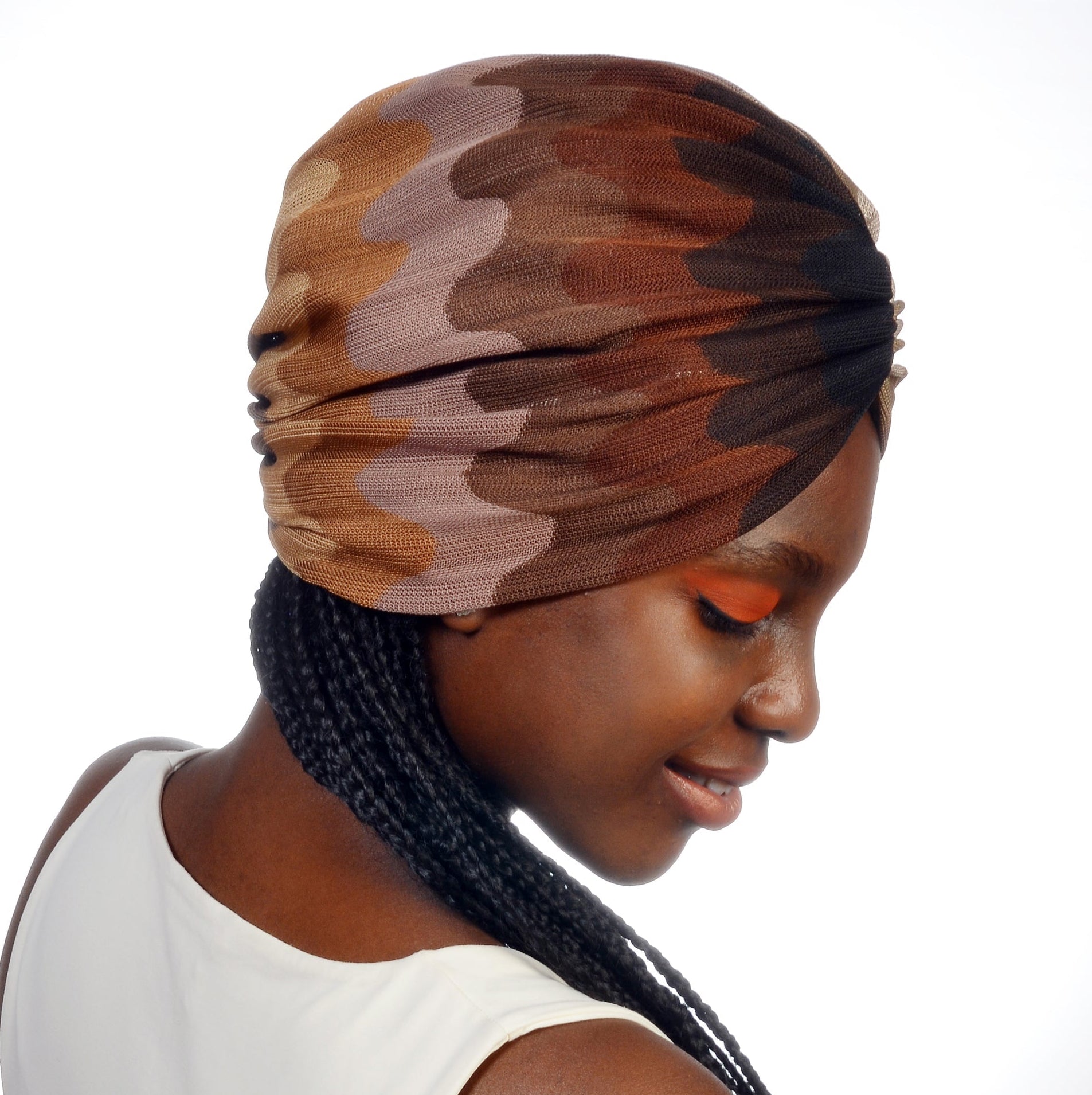 Milano Büzgülü Bone - Kahve Dalga Desenli Örme Kumaş