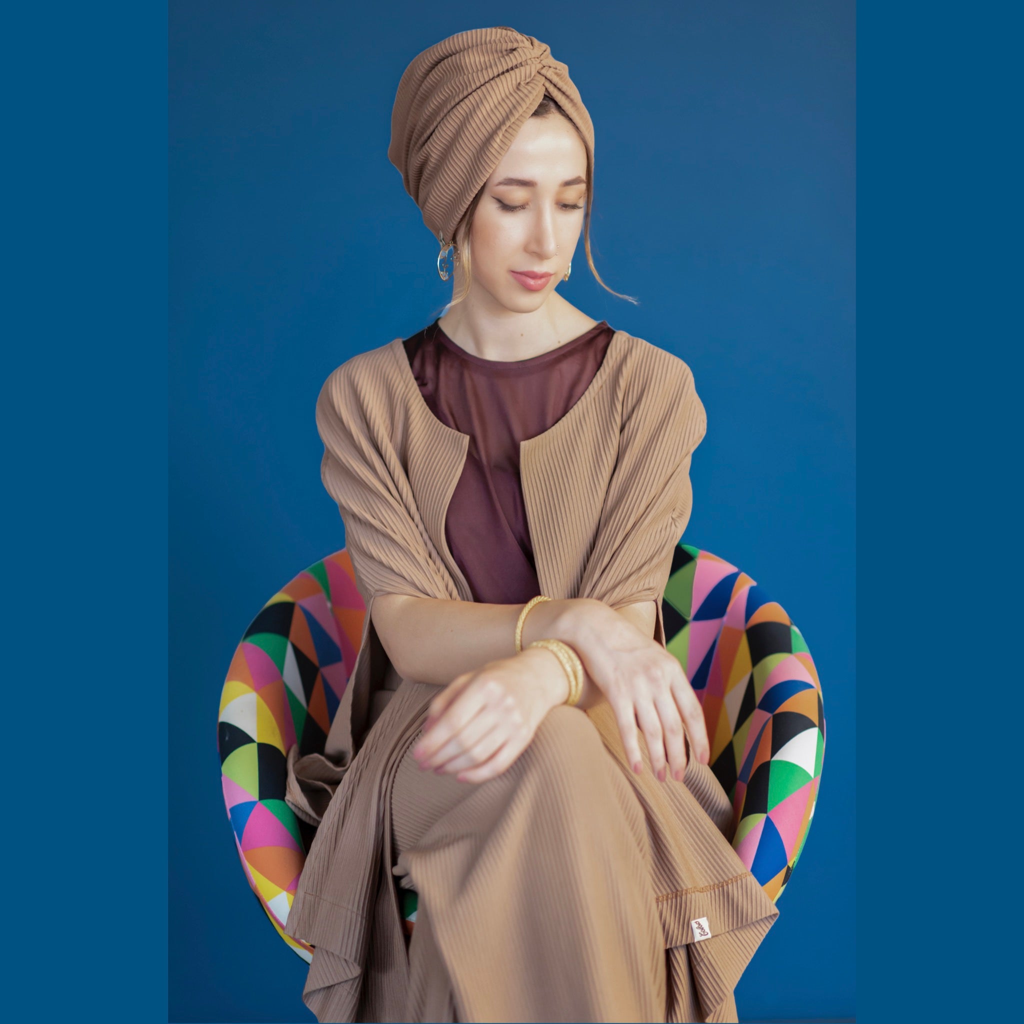 Jasmine Gathered Bonnet - Stretchy Knit Fabric - Camel Color - BitterColors