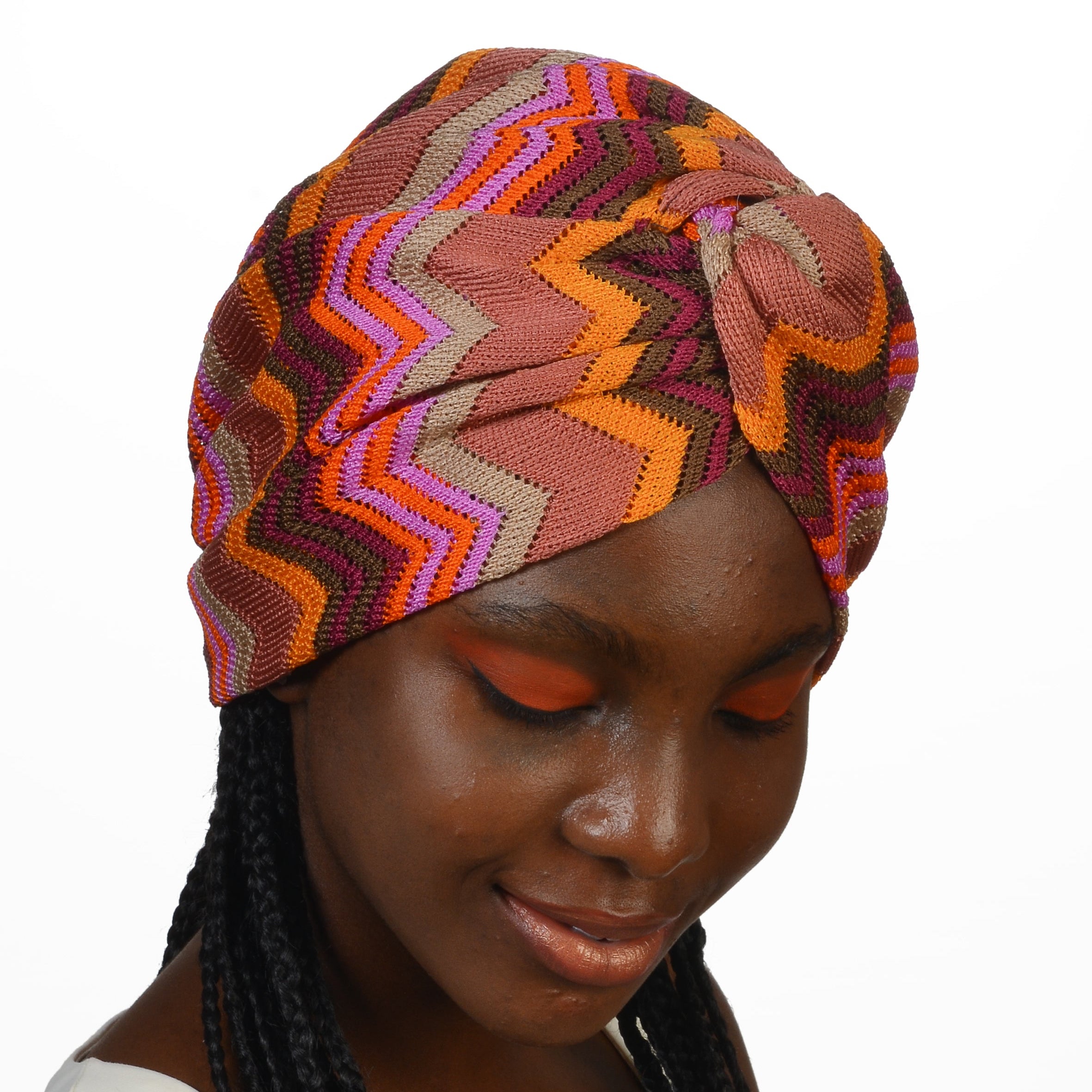 Barcelona Burgulu Bone - Turuncu Pembe Renkli - Zikzak Desenli Hafif Örme Kumaş