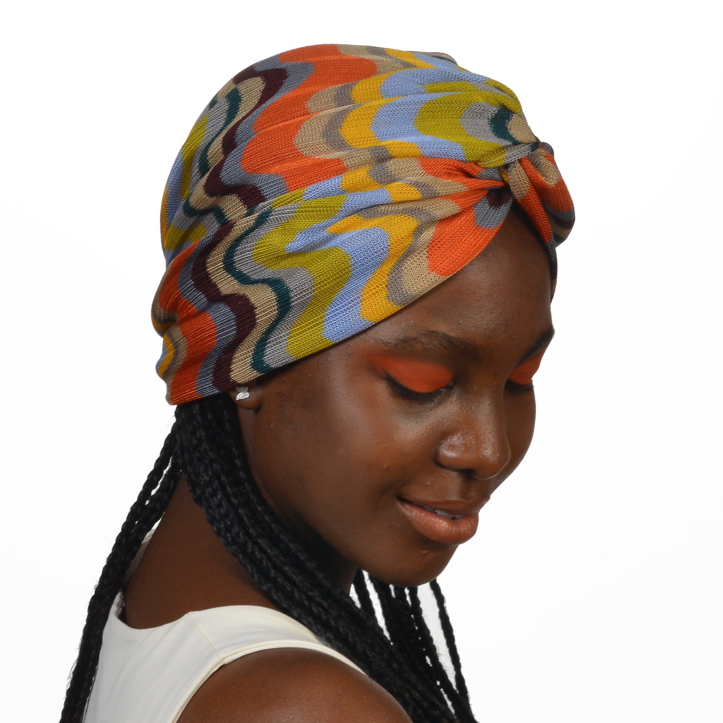 Twisted Lemongrass Orange Wave Patterned Bonnet - Stretchy Knit Fabric - Multicolored - BitterColors