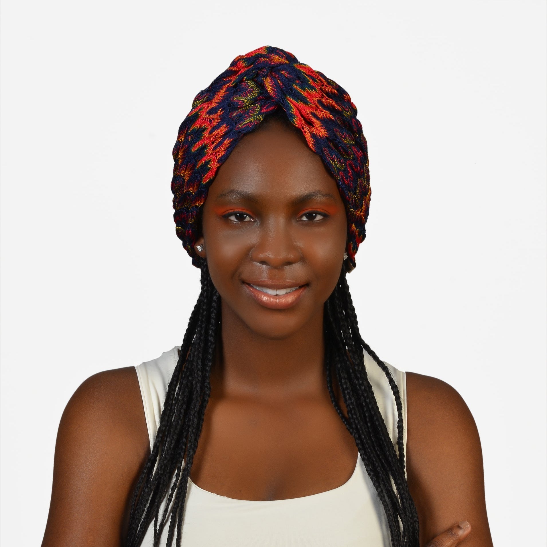 Barcelona Burgulu Bone - Lacivert Turuncu Zikzak Desenli Örme Kumaş