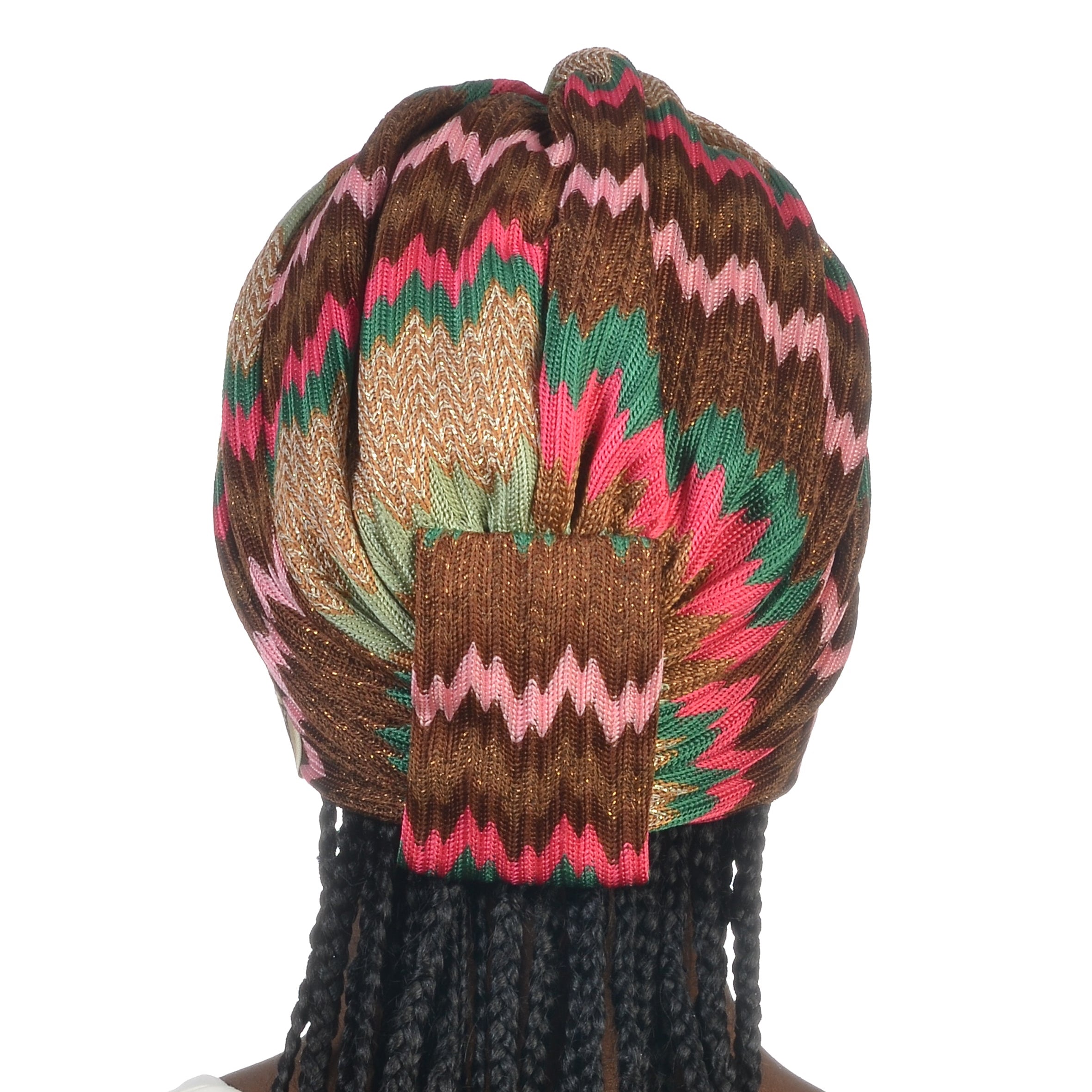 Barcelona Burgulu Bone - Pembe Yeşil Krem Renkli - Zikzak Desenli Örme Kumaş