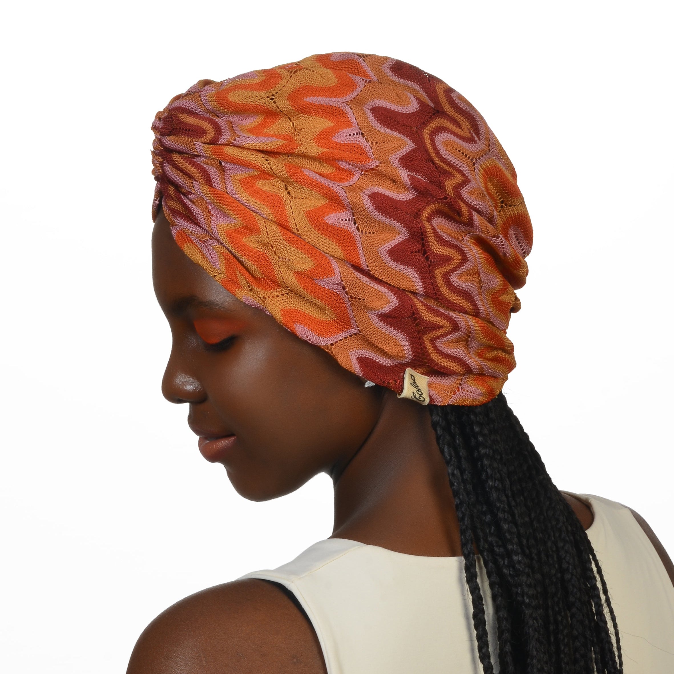 Milano Büzgülü Bone - Turuncu Dalga Desenli Örme Kumaş