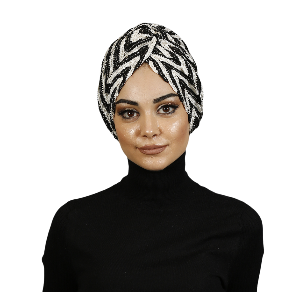 Barcelona Burgulu Bone - Siyah Beyaz Zikzak Desenli Örme Kumaş