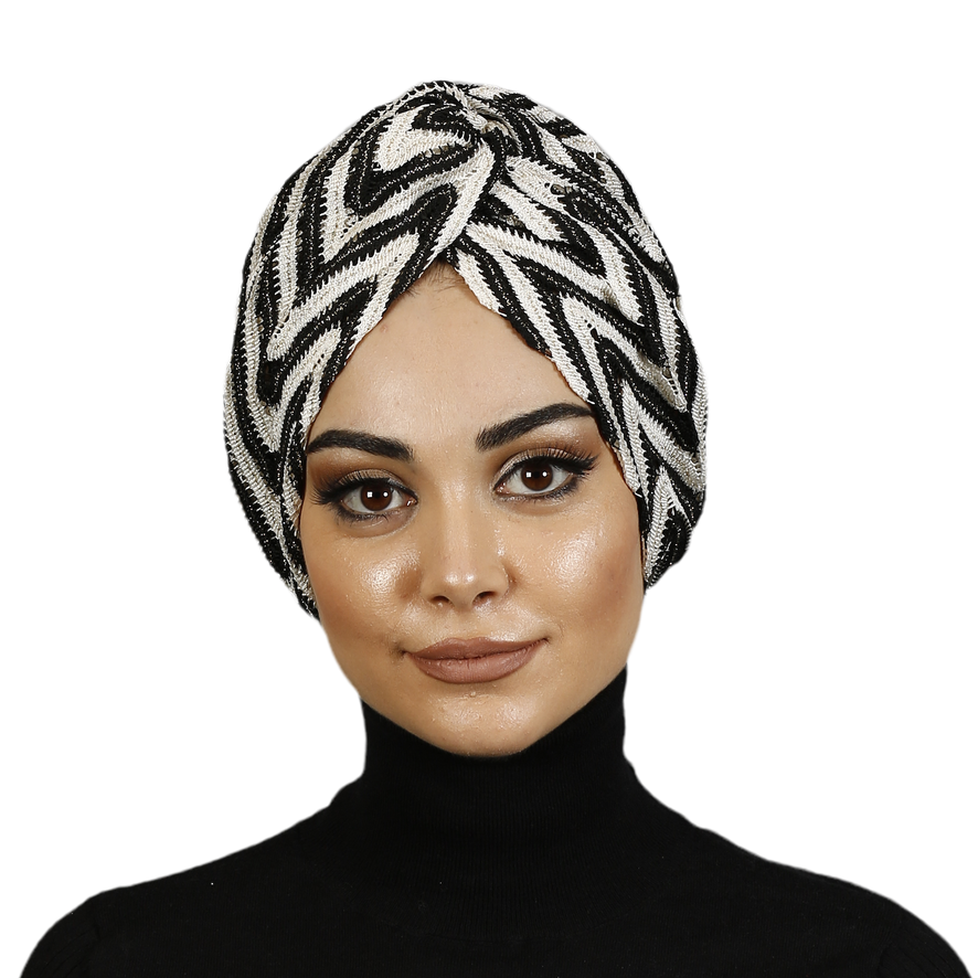 Zigzag Pattern Knitted Bonnet - Stretchy Tricot Fabric - Black/White Color - BitterColors