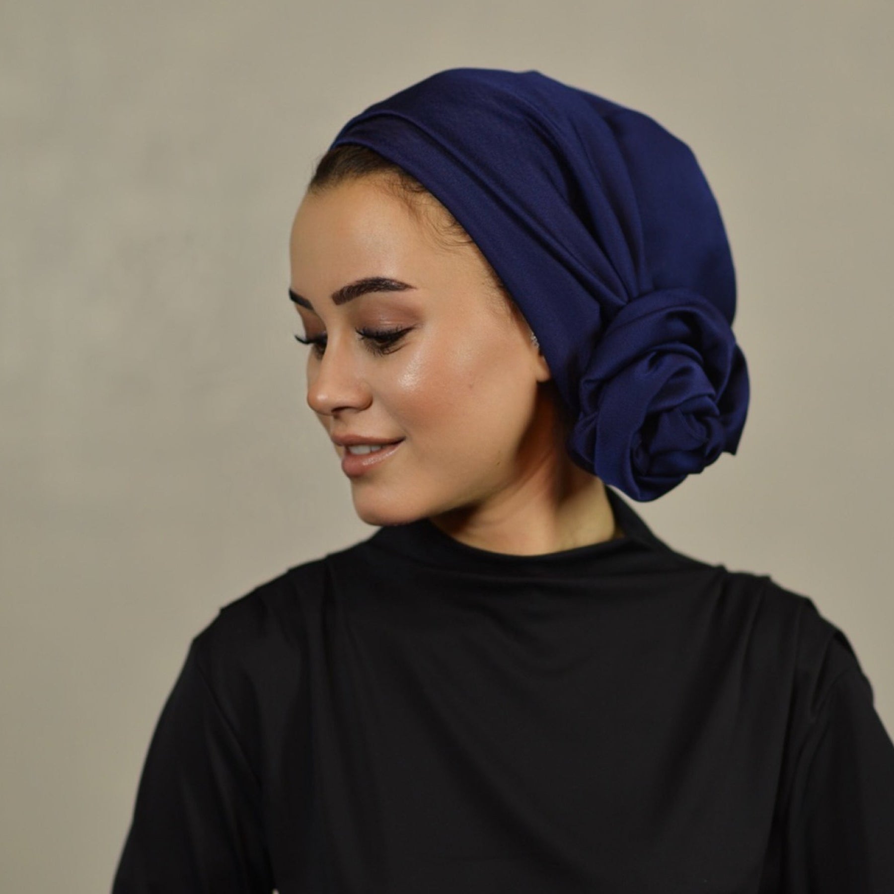 Dubai Bağlamalı Bone - Lacivert - Krep Saten Kumaş