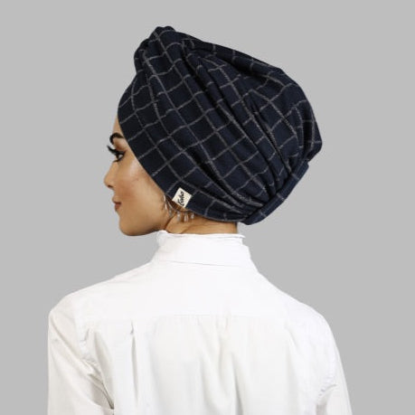 Square Patterned Glittery Bonnet - Stretchy Knit Fabric - Navy Blue - BitterColors