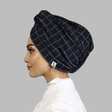 Square Patterned Glittery Bonnet - Stretchy Knit Fabric - Navy Blue - BitterColors