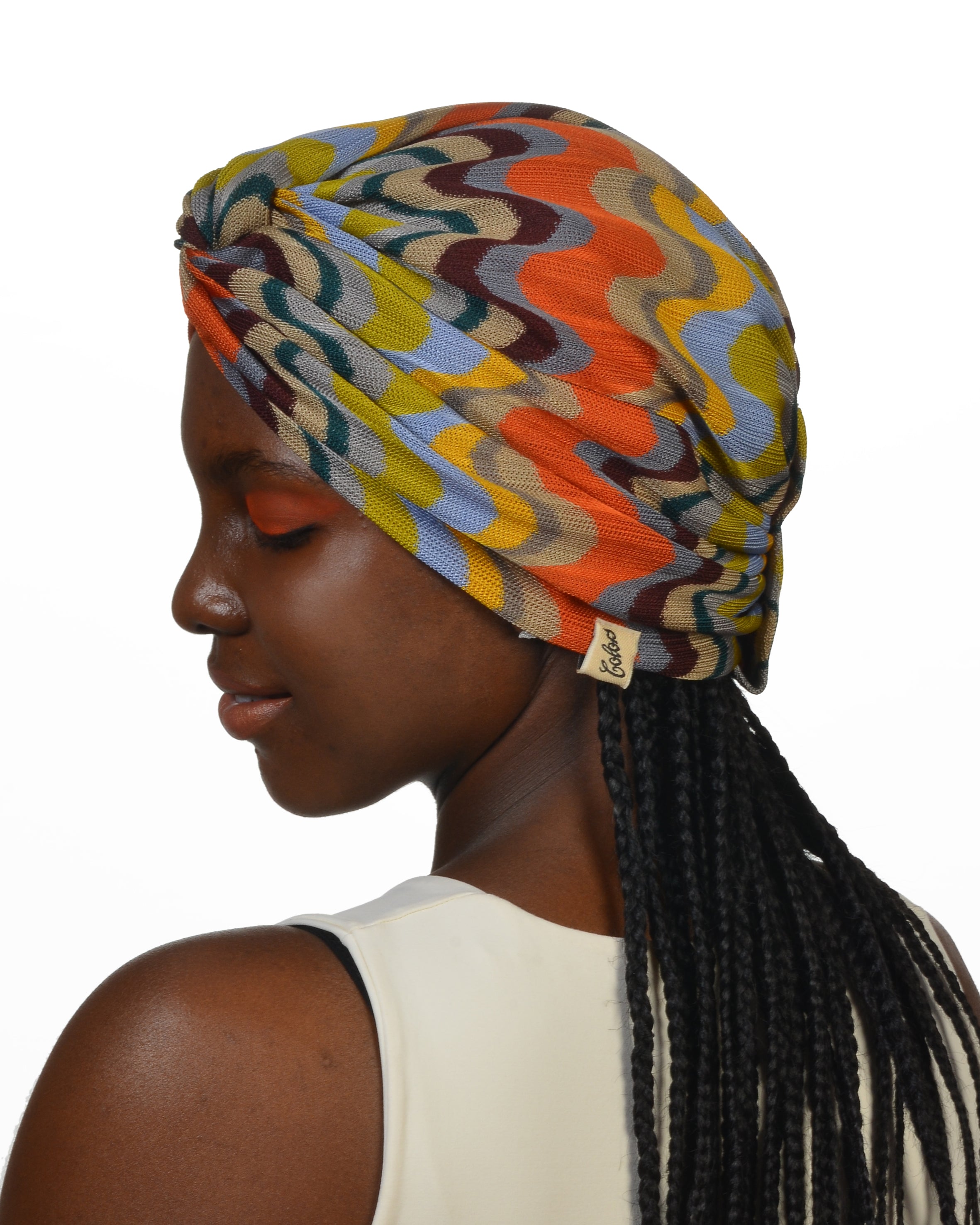 Barcelona Burgulu Bone - Turuncu Yeşil Dalga Desenli Örme Kumaş