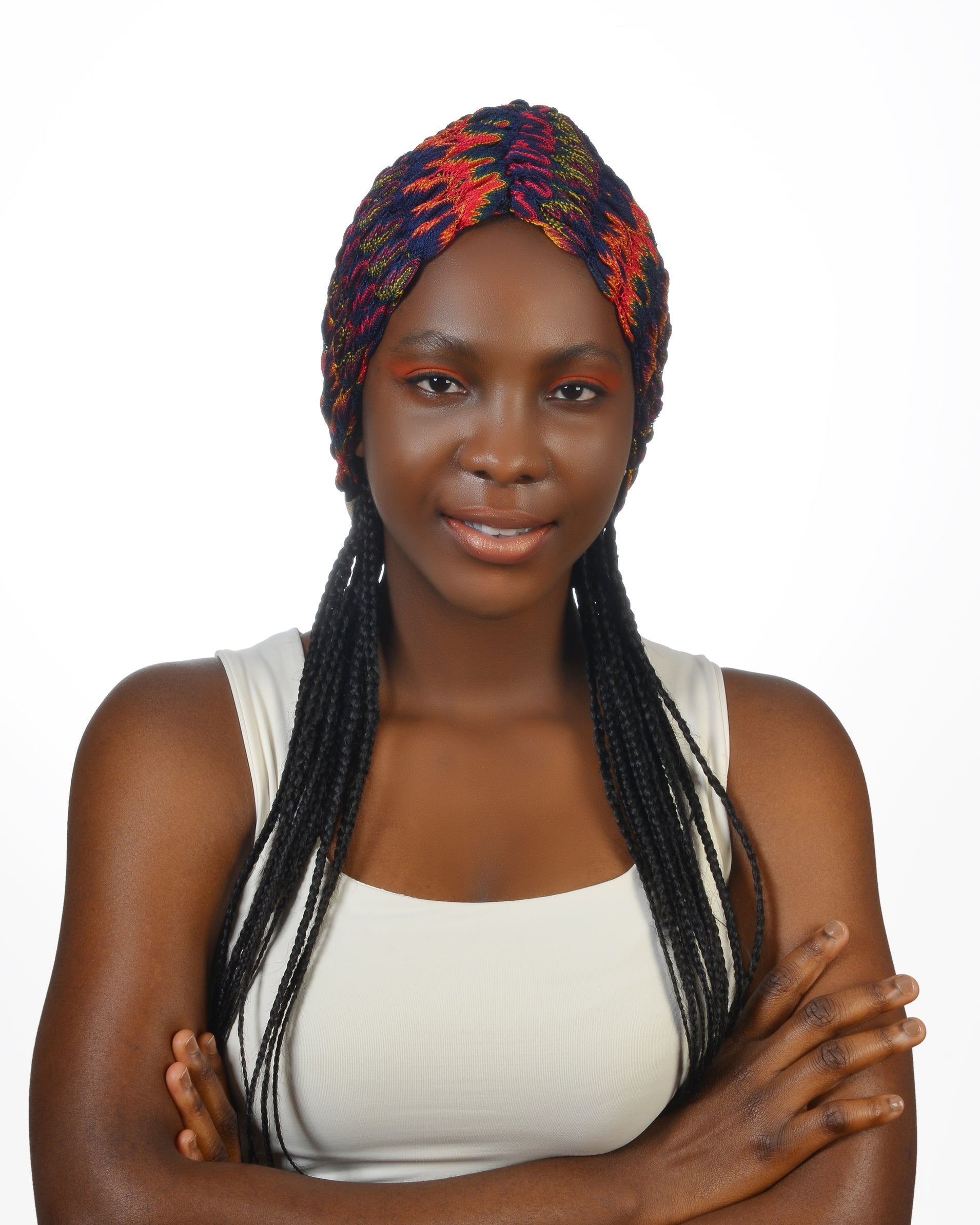 Milano Büzgülü Bone - Lacivert Turuncu Zikzak Desenli Örme Kumaş