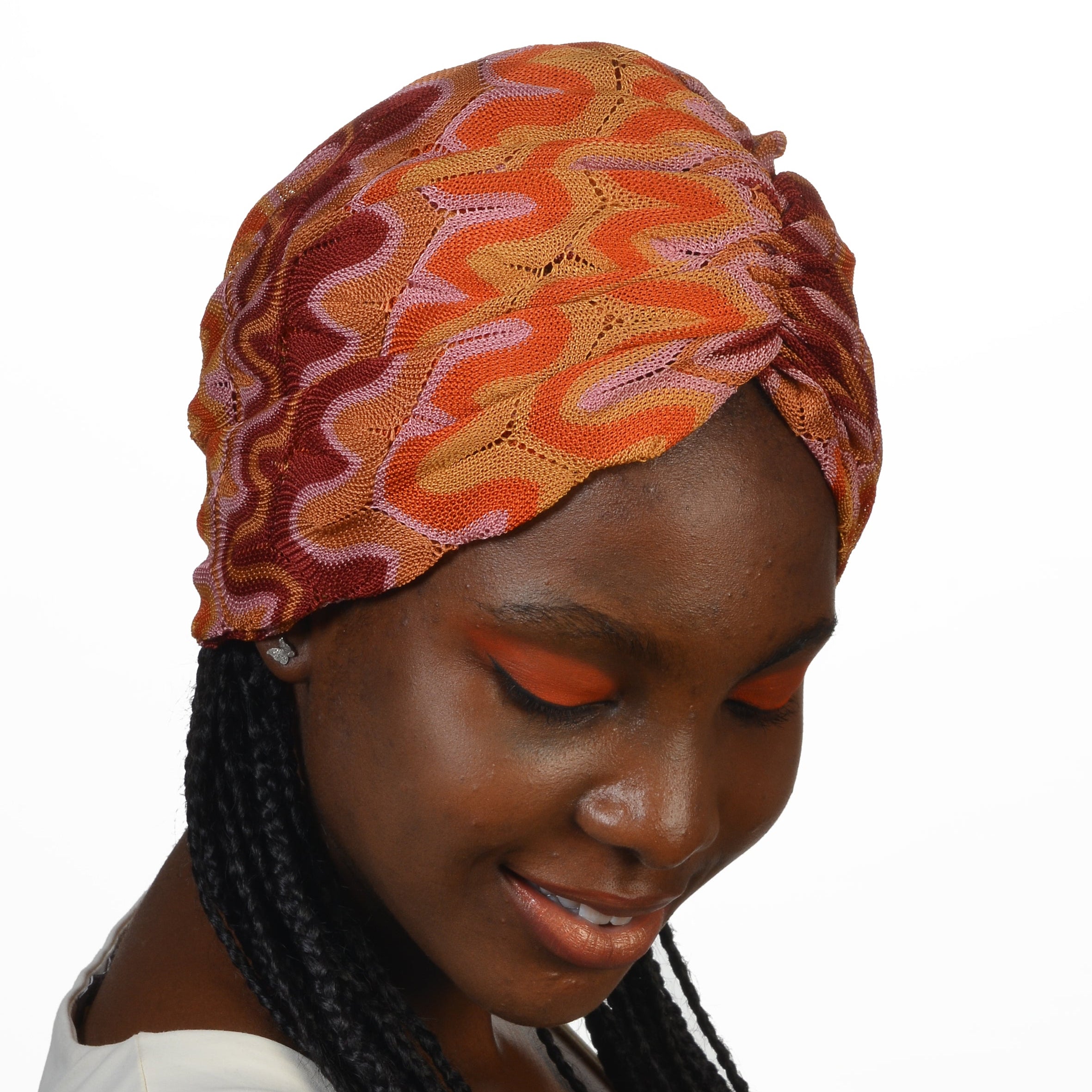 Milano Büzgülü Bone - Turuncu Dalga Desenli Örme Kumaş