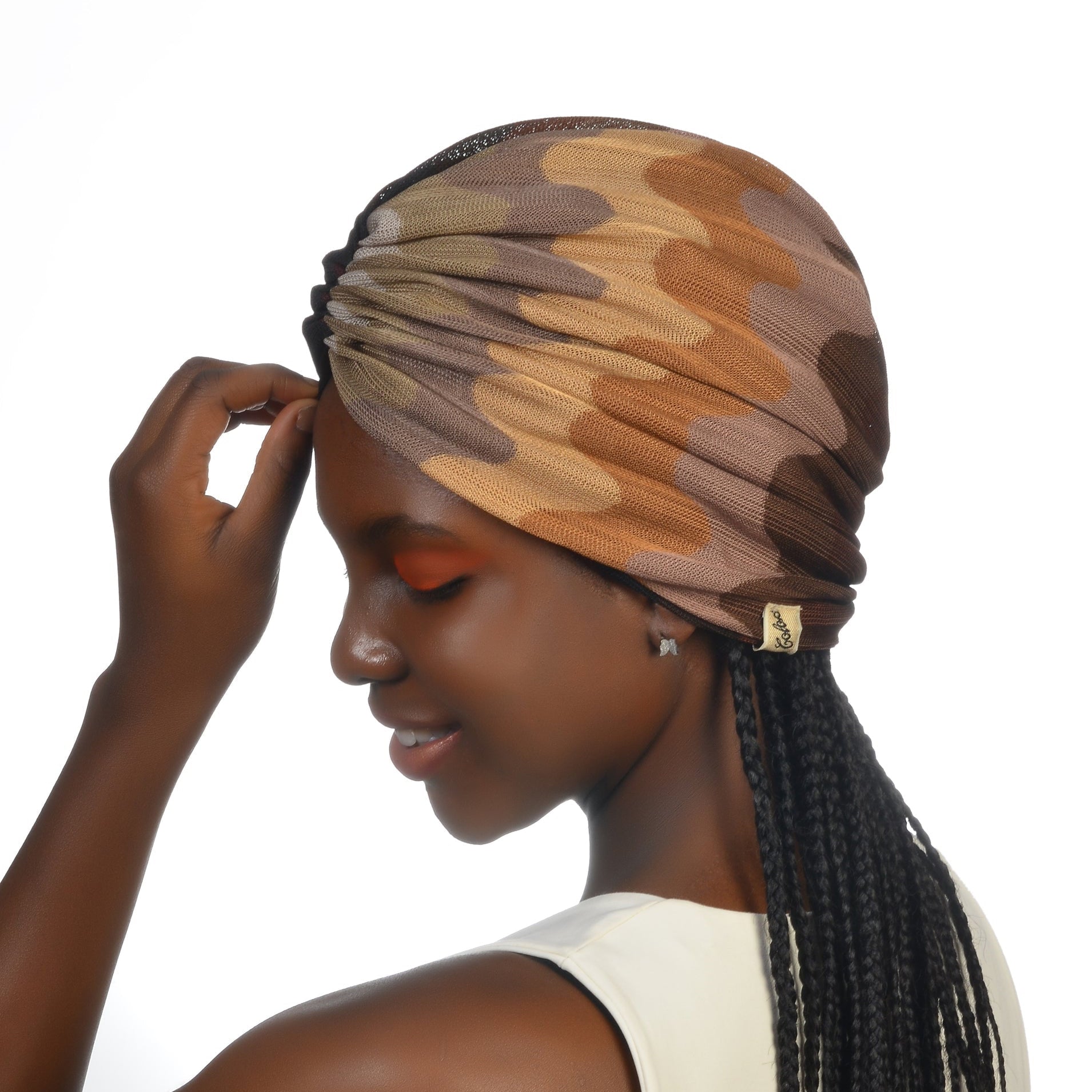 Milano Büzgülü Bone - Kahve Dalga Desenli Örme Kumaş