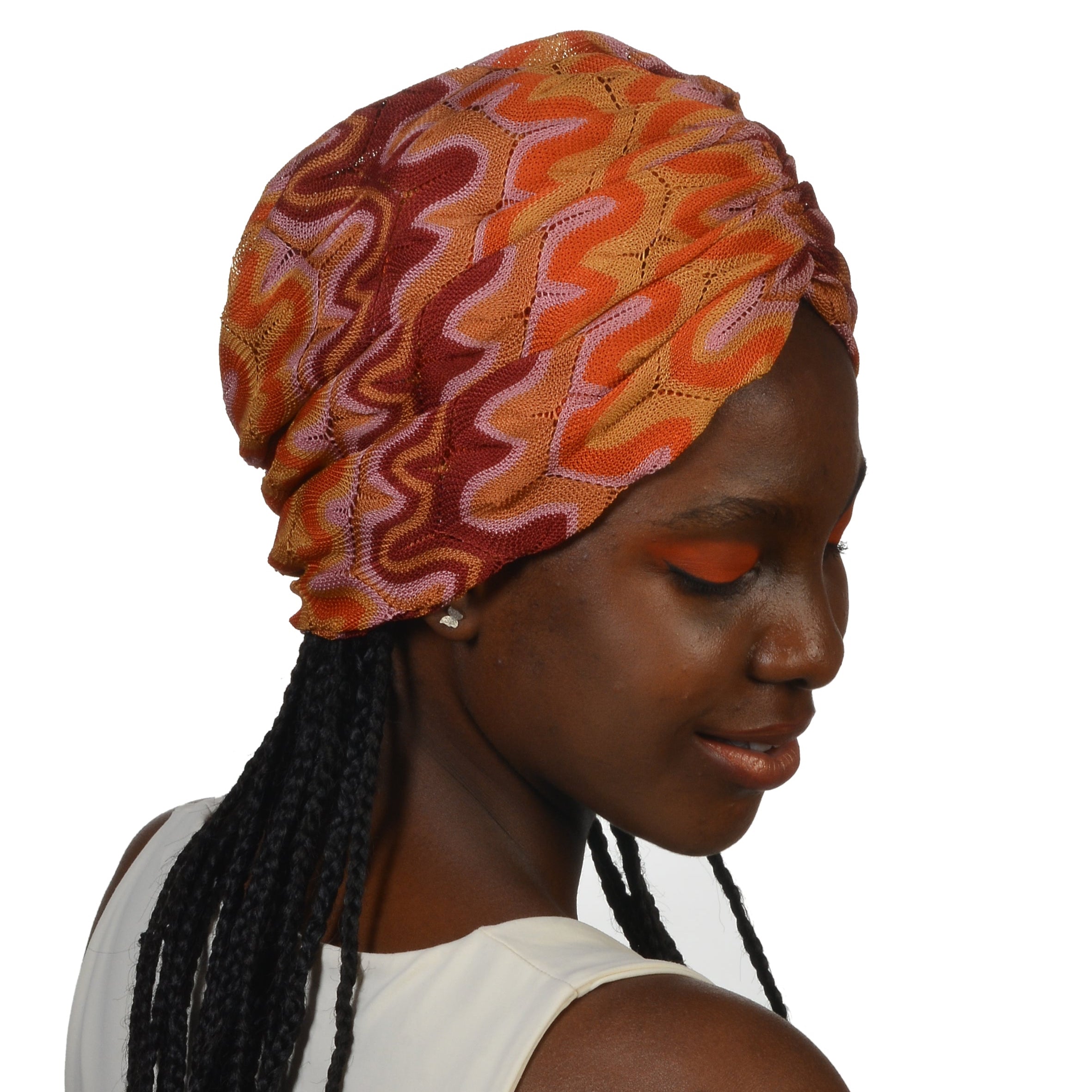 Milano Büzgülü Bone - Turuncu Dalga Desenli Örme Kumaş